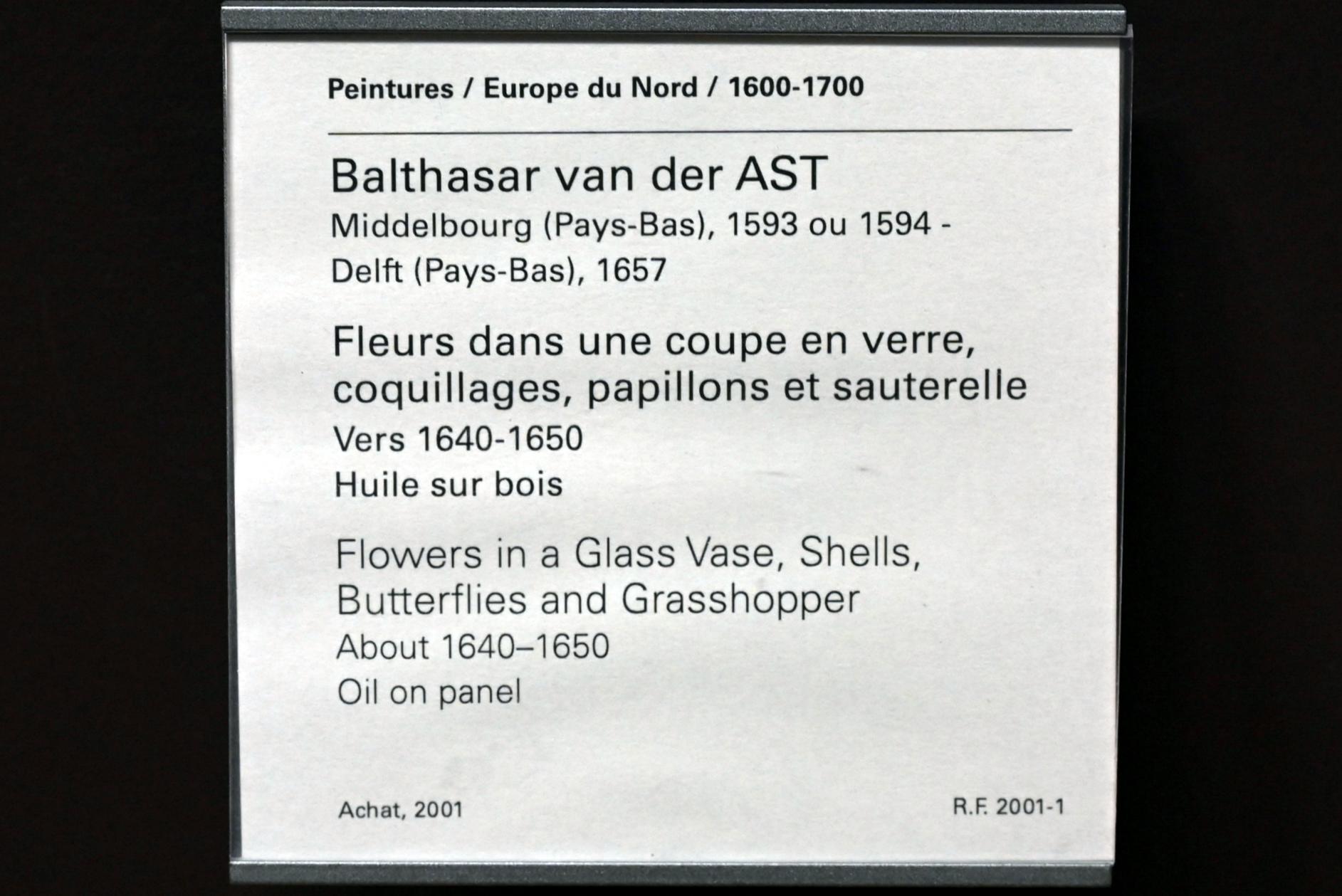 Balthasar van der Ast (1628–1649), Blumen in einer Glasschale, Muscheln, Schmetterlinge und Heuschrecke, Paris, Musée du Louvre, Saal 840, um 1640–1650, Bild 2/2