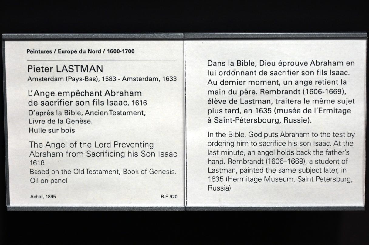 Pieter Lastman (1608–1629), Abraham wird von einem Engel von der Opferung Isaaks abgehalten, Paris, Musée du Louvre, Saal 839, 1616, Bild 2/2