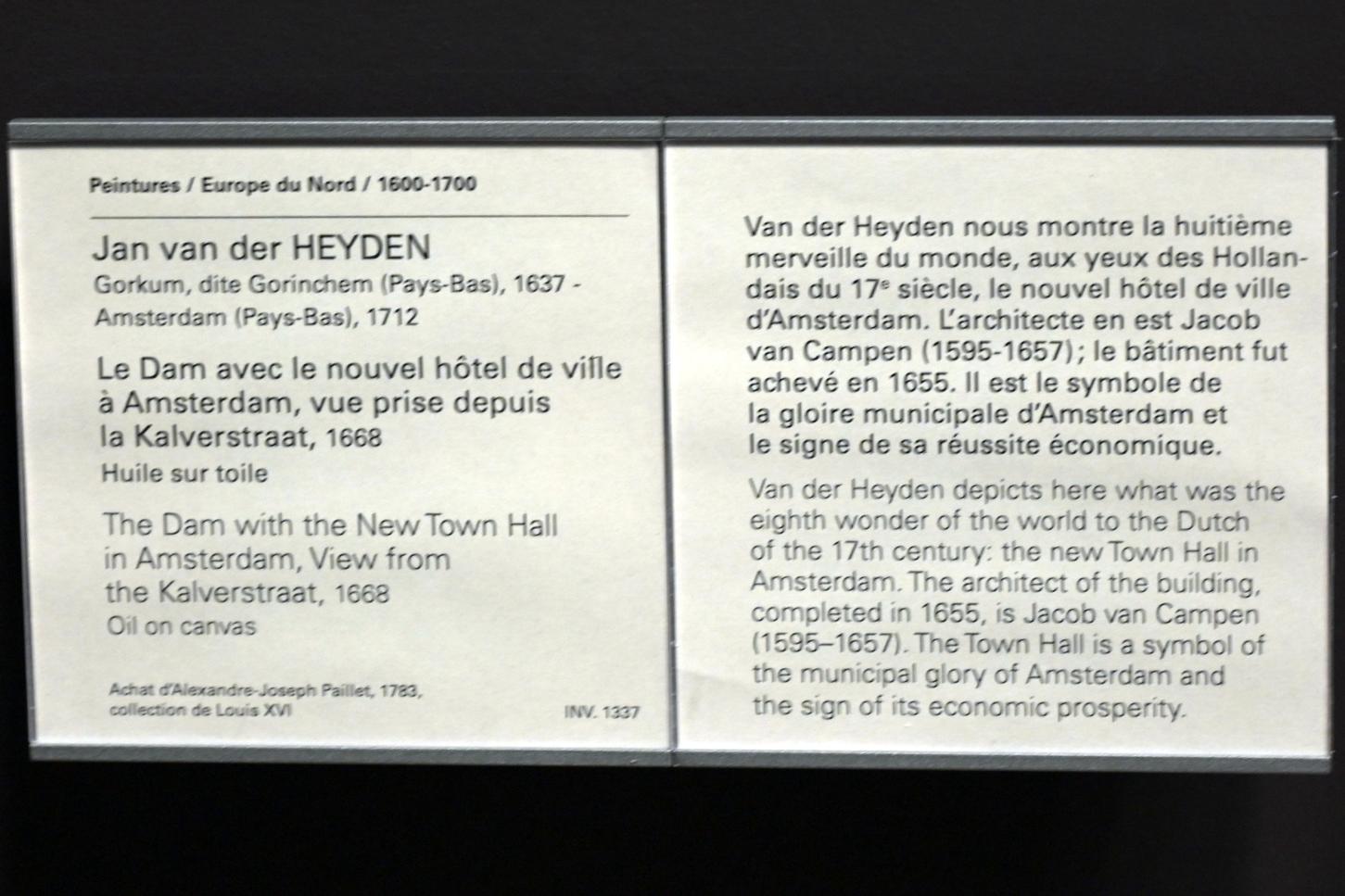 Jan van der Heyden (1652–1712), Der Dam-Platz mit dem Neuen Rathaus in Amsterdam, Blick von der Kalverstraat, Paris, Musée du Louvre, Saal 839, 1668, Bild 2/2