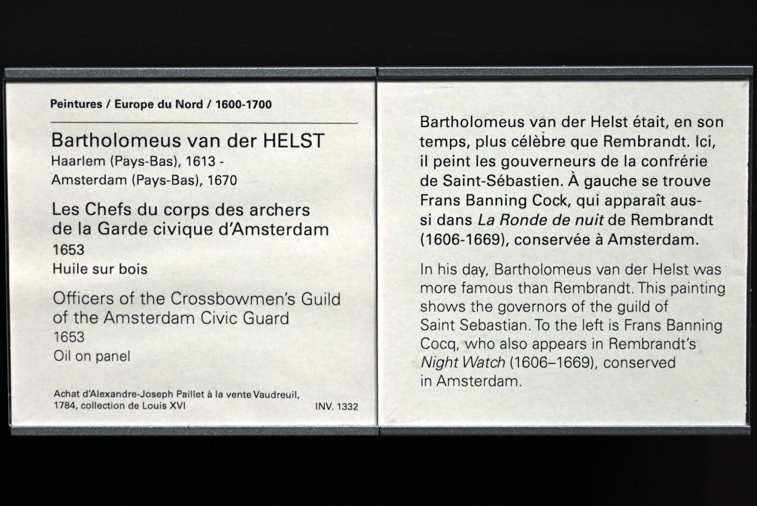 Bartholomeus van der Helst (1640–1669), Der Vorstand des Bogenschützenkorps der Bürgergarde von Amsterdam (Bruderschaft von San Sebastian), Paris, Musée du Louvre, Saal 839, 1653, Bild 2/2