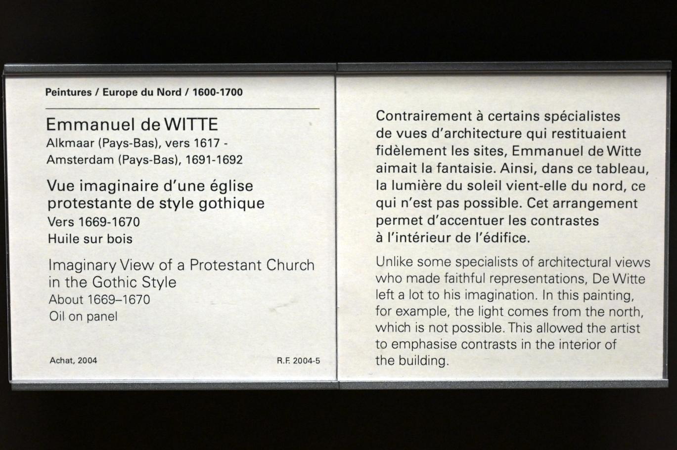Emanuel de Witte (1650–1680), Imaginäre Ansicht einer protestantischen Kirche im gotischen Stil, mit Grabmal und verschiedenen Figuren, Paris, Musée du Louvre, Saal 839, um 1669–1670, Bild 2/2