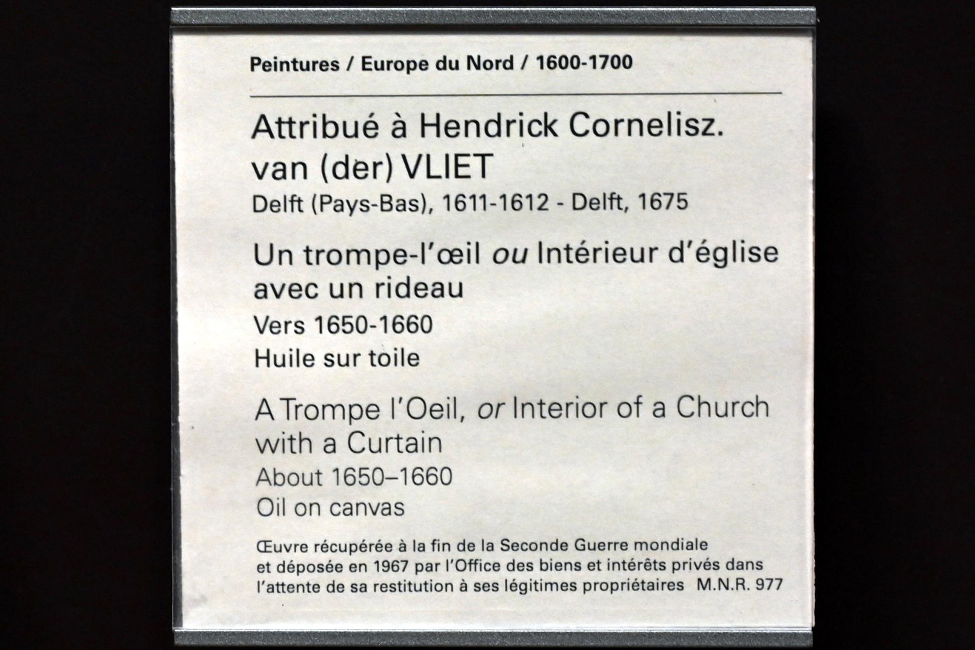 Hendrick Cornelisz. van Vliet (1655–1665), Trompe-l'oeil (Durch einen Vorhang teilweise verdeckter Innenraum einer Kirche), Paris, Musée du Louvre, Saal 839, um 1650–1660, Bild 2/2