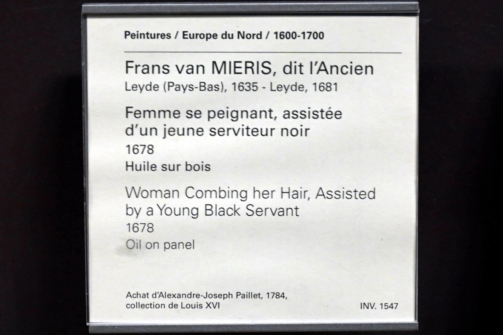 Frans van Mieris der Ältere (1657–1678), Junge Frau beim Haarekämmen mit schwarzer Dienerin, Paris, Musée du Louvre, Saal 839, 1678, Bild 2/2