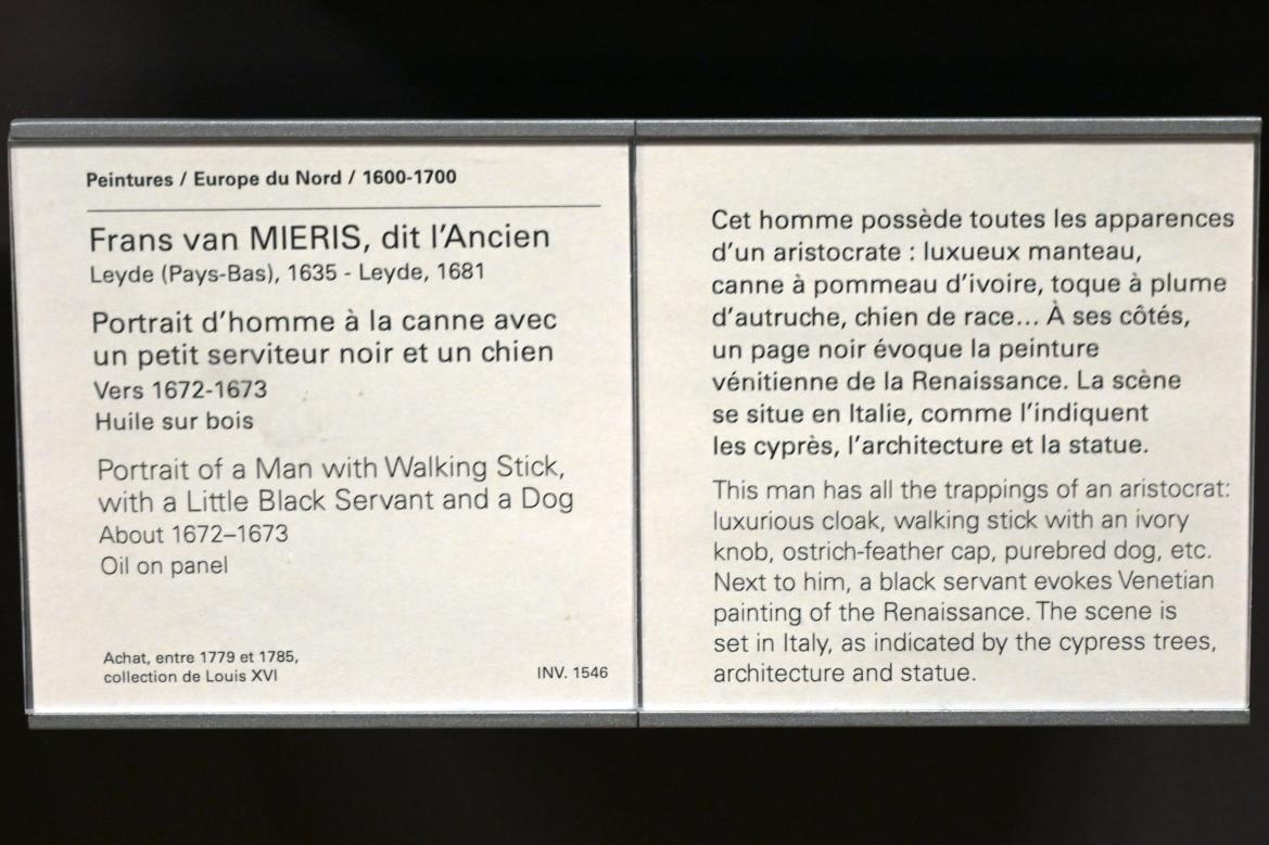 Frans van Mieris der Ältere (1657–1678), Porträt eines Mannes mit Gehstock, kleinem Negerdiener und Hund, Paris, Musée du Louvre, Saal 839, um 1672–1673, Bild 2/2