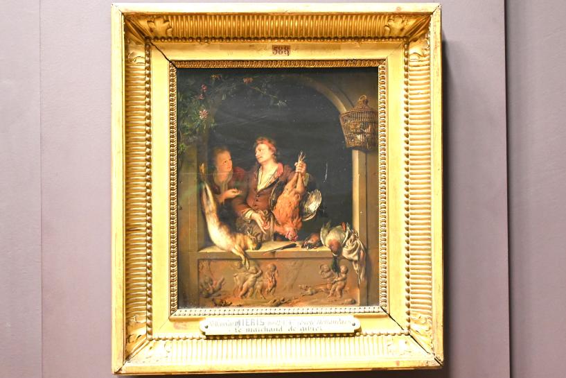 Willem van Mieris (1699–1715), Wildverkäufer (Geflügelverkäufer), Paris, Musée du Louvre, Saal 839, um 1710–1720