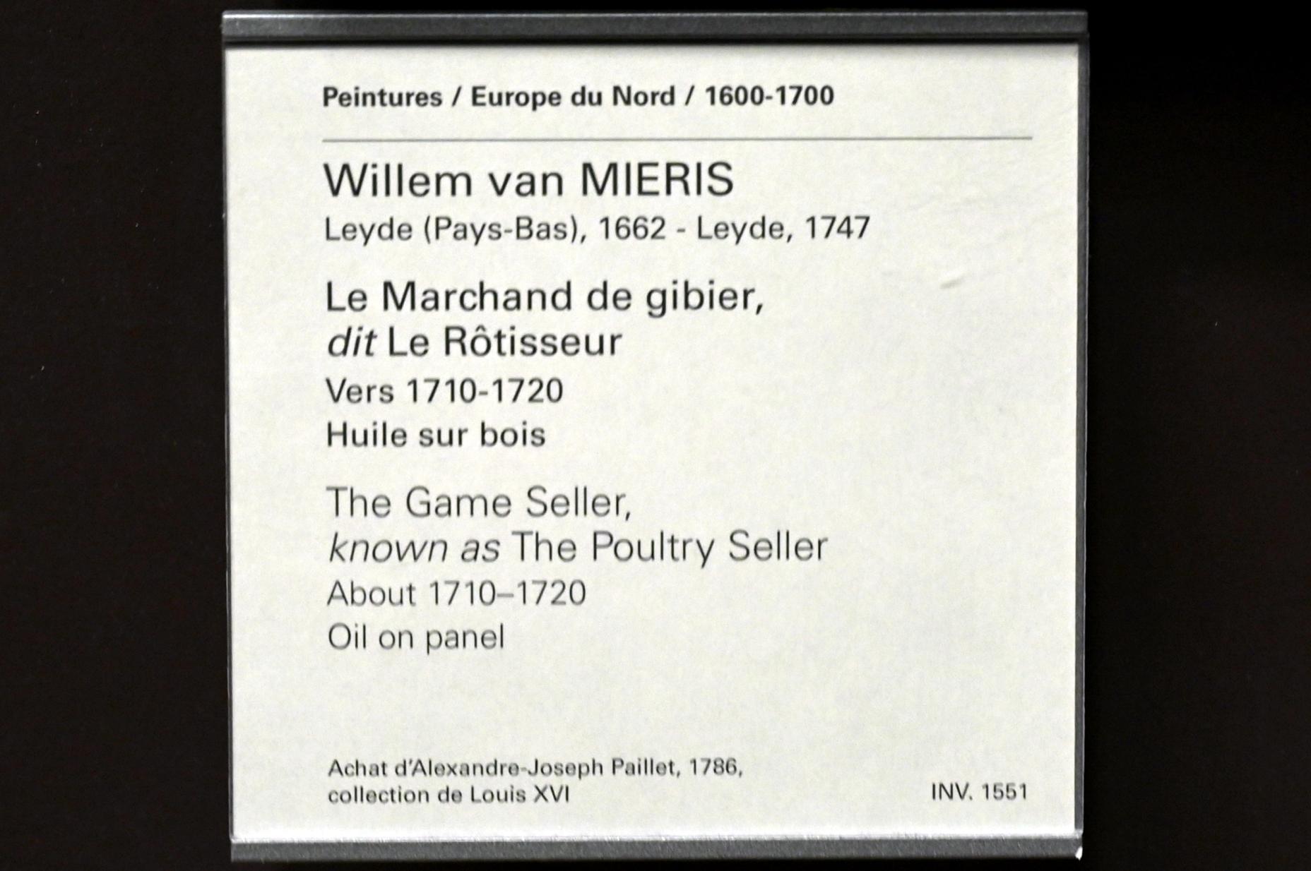 Willem van Mieris (1699–1715), Wildverkäufer (Geflügelverkäufer), Paris, Musée du Louvre, Saal 839, um 1710–1720, Bild 2/2