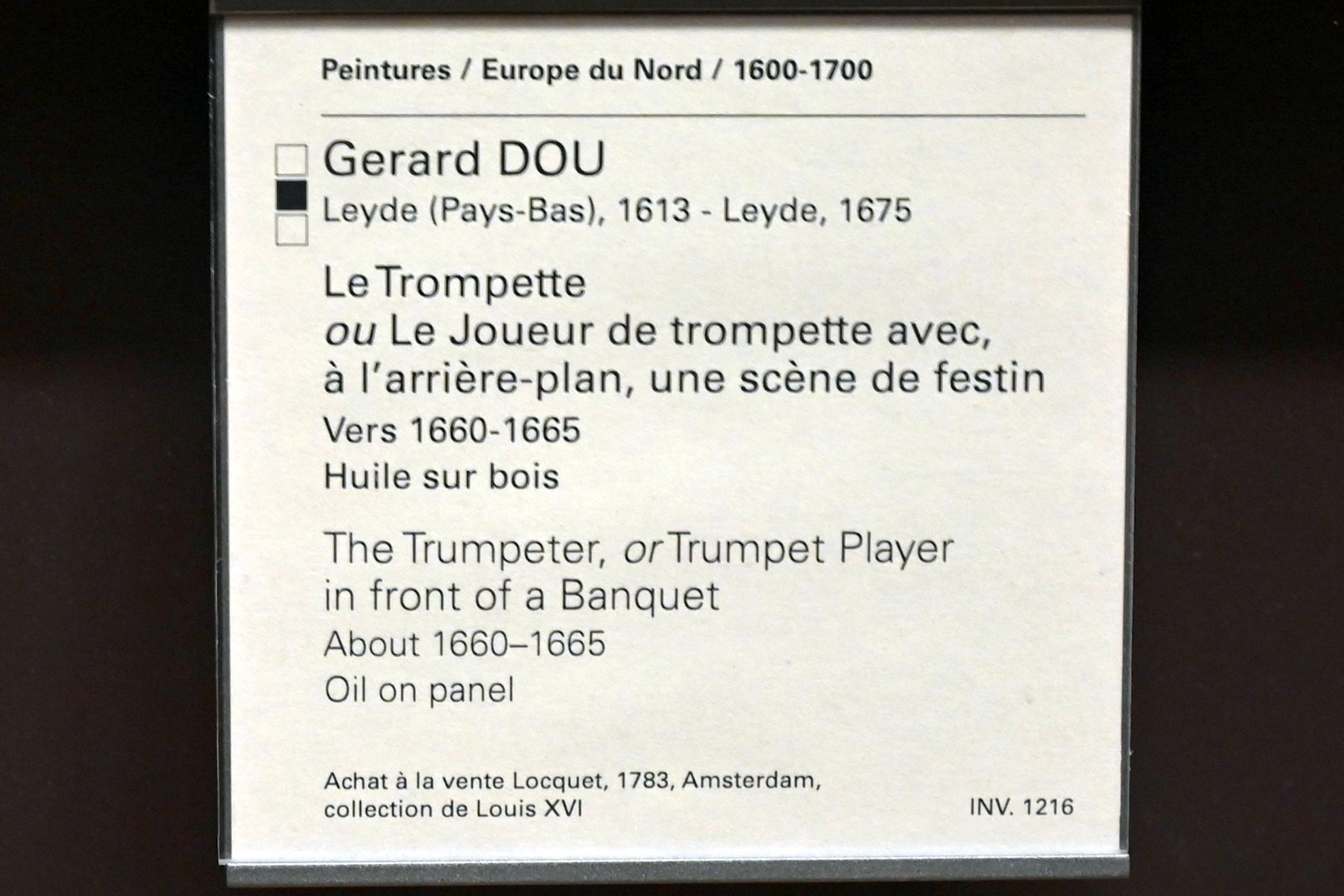 Gerard Dou (Gerrit Dou) (1629–1672), Der Trompetenspieler (Trompeter vor einem Bankett), Paris, Musée du Louvre, Saal 839, um 1660–1665, Bild 2/2