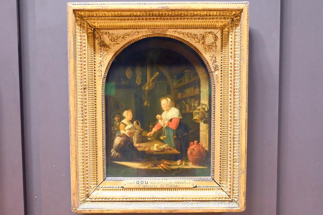 Gerard Dou (Gerrit Dou) (1629–1672), Lebensmittelhändlerin in ihrem Dorfladen mit dem Porträt des Malers im Hintergrund, Paris, Musée du Louvre, Saal 839, 1647, Bild 1/2