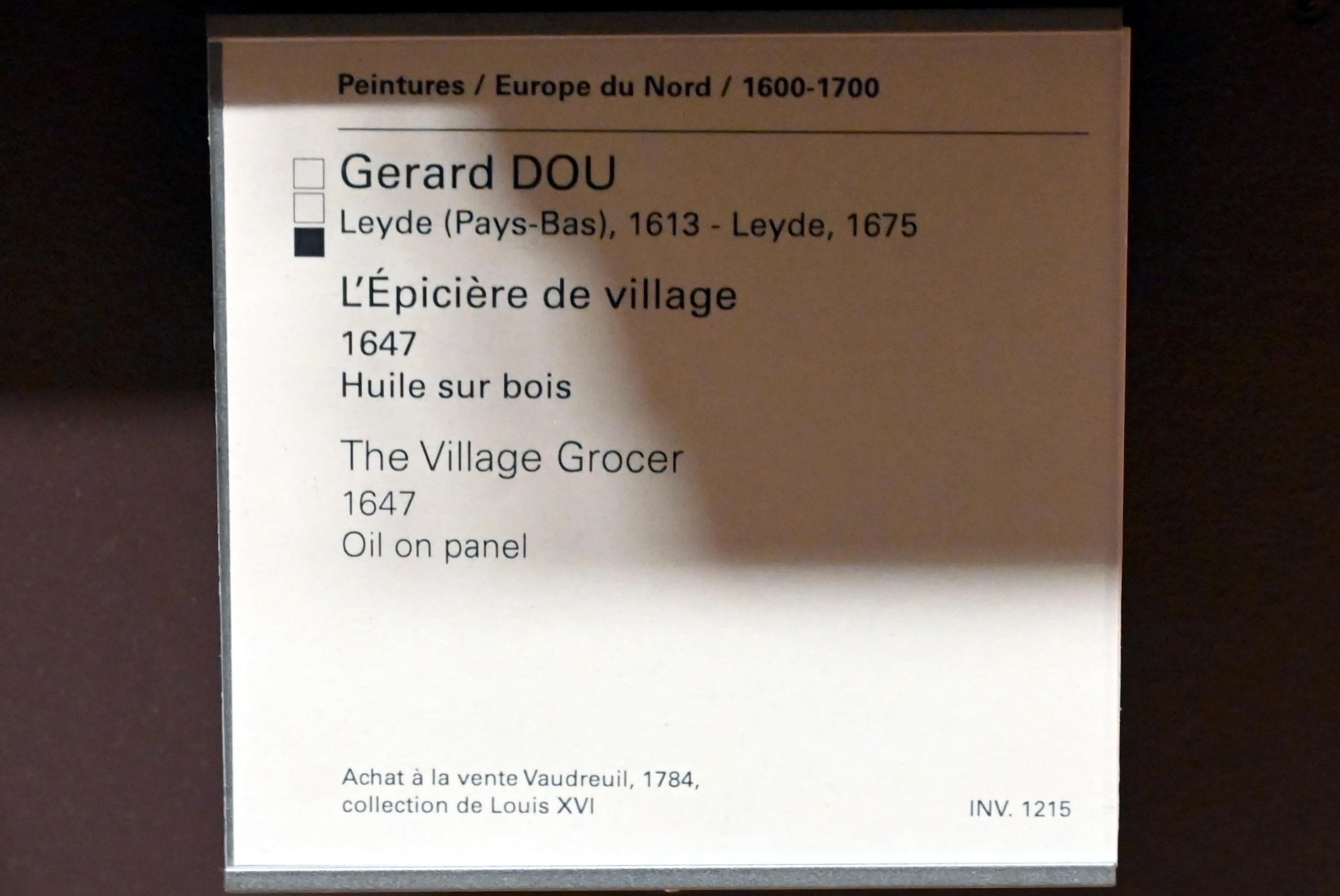 Gerard Dou (Gerrit Dou) (1629–1672), Lebensmittelhändlerin in ihrem Dorfladen mit dem Porträt des Malers im Hintergrund, Paris, Musée du Louvre, Saal 839, 1647, Bild 2/2