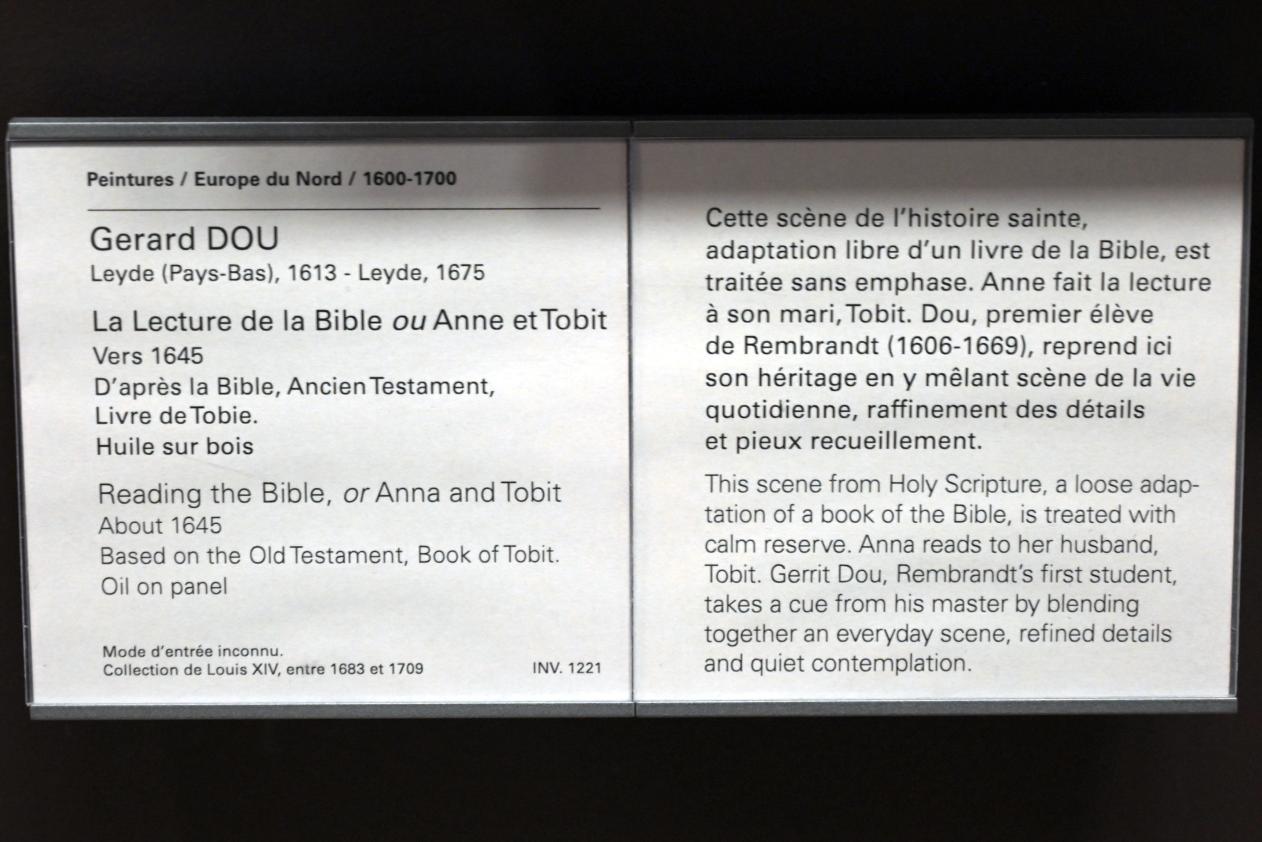 Gerard Dou (Gerrit Dou) (1629–1672), Bibelstudium (Anna und Tobit), Paris, Musée du Louvre, Saal 838, um 1645, Bild 2/2