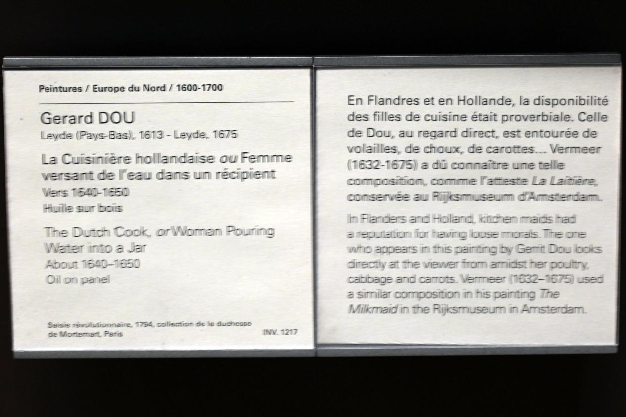 Gerard Dou (Gerrit Dou) (1629–1672), Holländische Köchin (Frau gießt Wasser in eine Schale), Paris, Musée du Louvre, Saal 838, um 1640–1650, Bild 2/2