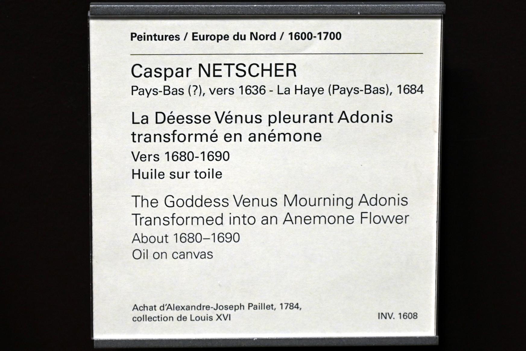 Caspar Netscher (1664–1685), Venus betrauert den in eine Anemone verwandelten Adonis, Paris, Musée du Louvre, Saal 838, um 1680–1690, Bild 2/2