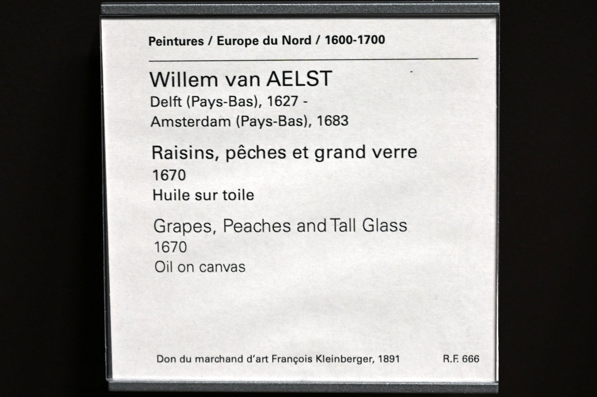 Willem van Aelst (1660–1679), Trauben, Pfirsiche und hohes Glas, Paris, Musée du Louvre, Saal 838, 1670, Bild 2/2