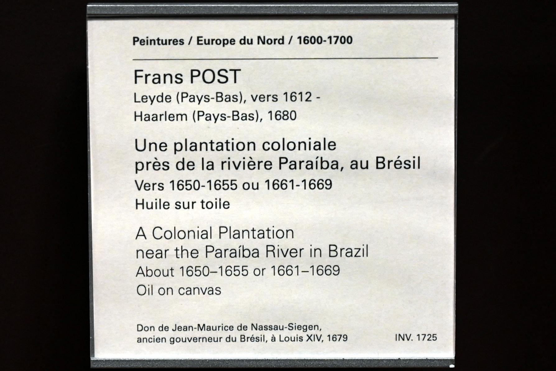 Frans Post (1638–1665), Drei verschiedene Häuser oder Behausungen von Labradoren, die Zucker anbauen in der Nähe des Paraíba-Flusses, Paris, Musée du Louvre, Saal 838, um 1650–1669, Bild 2/2