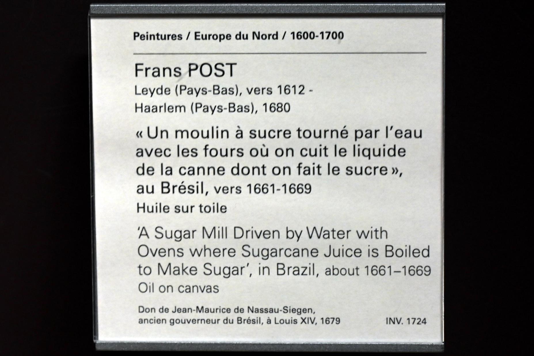 Frans Post (1638–1665), Eine durch Wasser betriebene Zuckermühle mit Öfen, in denen die Flüssigkeit aus dem Zuckerrohr, aus dem Zucker hergestellt wird, gekocht wird, in Brasilien, Paris, Musée du Louvre, Saal 838, um 1661–1669, Bild 2/2