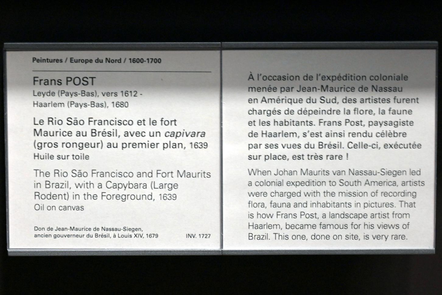 Frans Post (1638–1665), Der Rio San Francisco und Fort Maurice, mit einem „Capivara“ (großes Nagetier) im Vordergrund, in Brasilien, Paris, Musée du Louvre, Saal 838, 1639, Bild 2/2