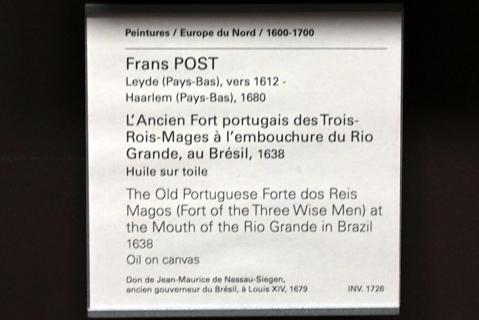 Frans Post (1638–1665), Das alte portugiesische Fort der Heiligen Drei Könige oder Fort Ceulen, an der Mündung des Rio Grande, Brasilien, Paris, Musée du Louvre, Saal 838, 1638, Bild 2/2