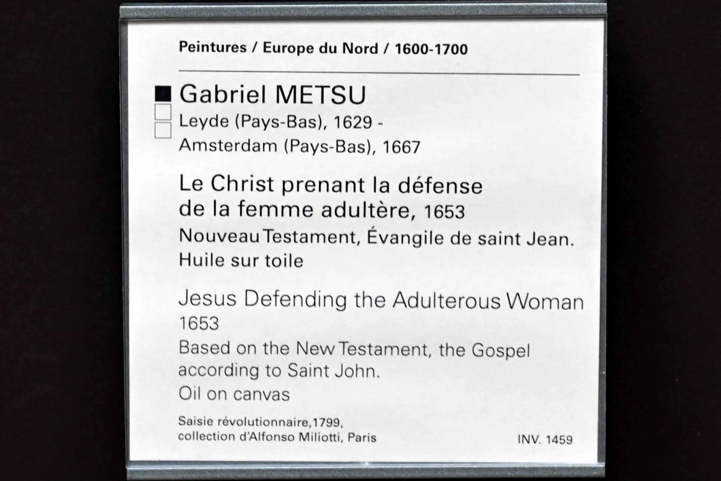 Gabriël Metsu (1653–1665), Christus verteidigt die Ehebrecherin, Paris, Musée du Louvre, Saal 837, 1653, Bild 2/2
