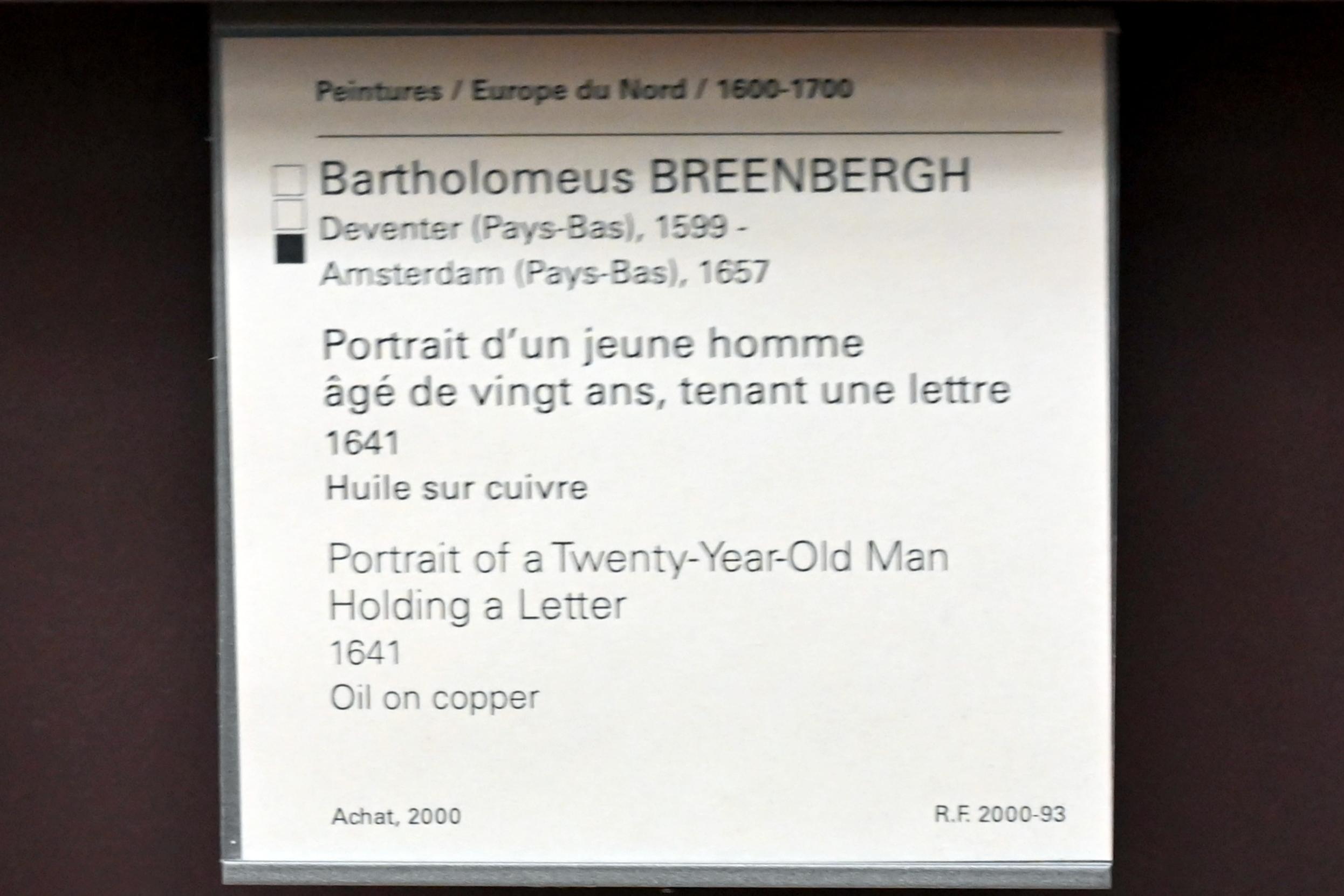 Bartholomeus Breenbergh (1627–1655), Porträt eines Brief haltenden 20-jährigen Mannes, Paris, Musée du Louvre, Saal 837, 1641, Bild 2/2