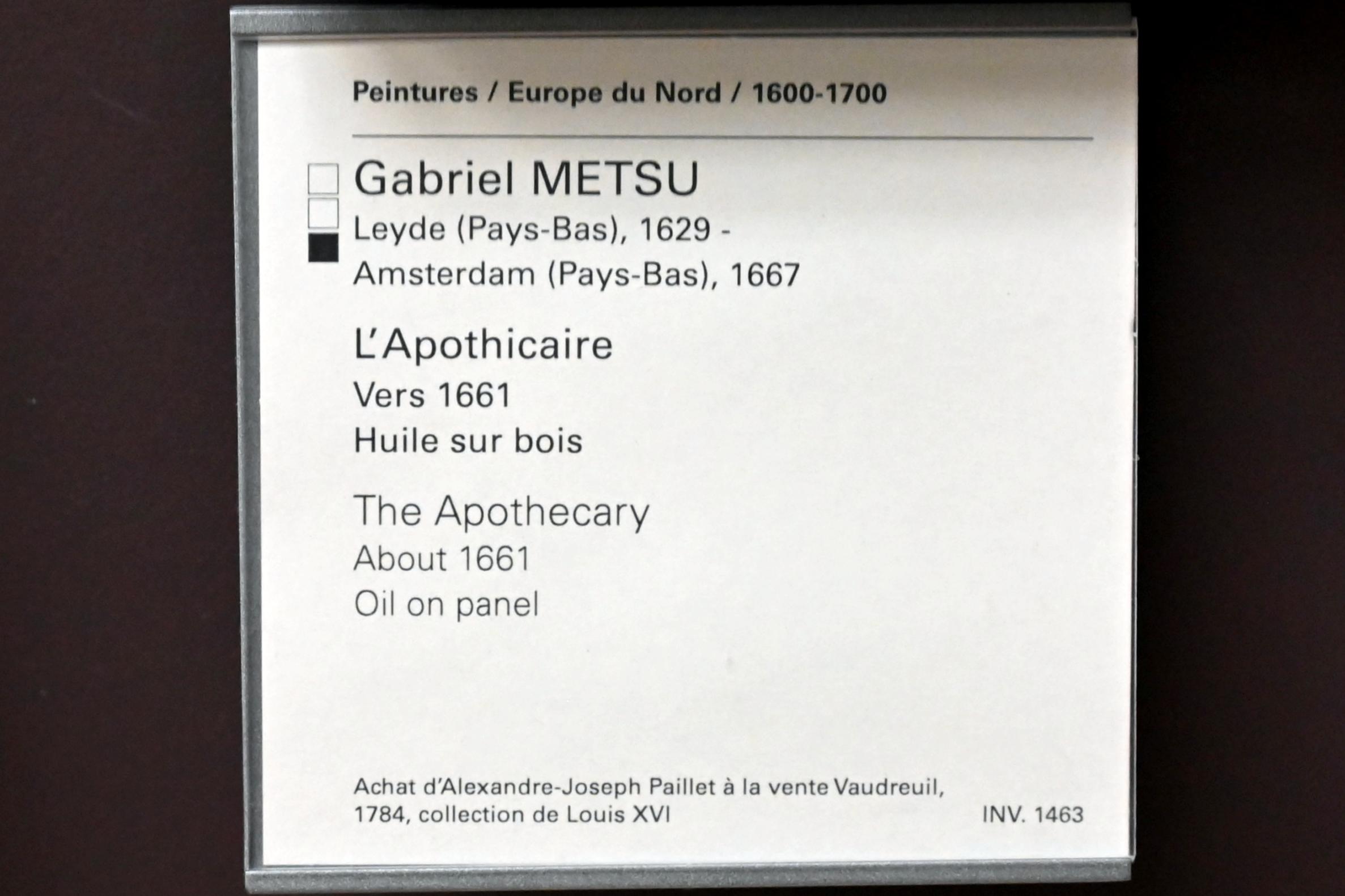 Gabriël Metsu (1653–1665), Apotheker, Paris, Musée du Louvre, Saal 837, um 1661, Bild 2/2