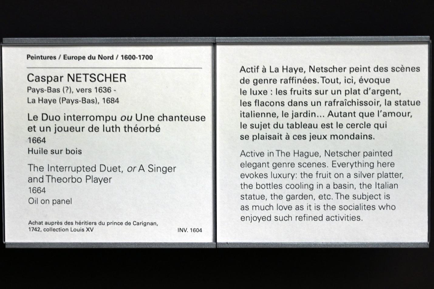 Caspar Netscher (1664–1684), Unterbrochenes Duett (Sänger und Theorbespieler), Paris, Musée du Louvre, Saal 837, 1664, Bild 2/2