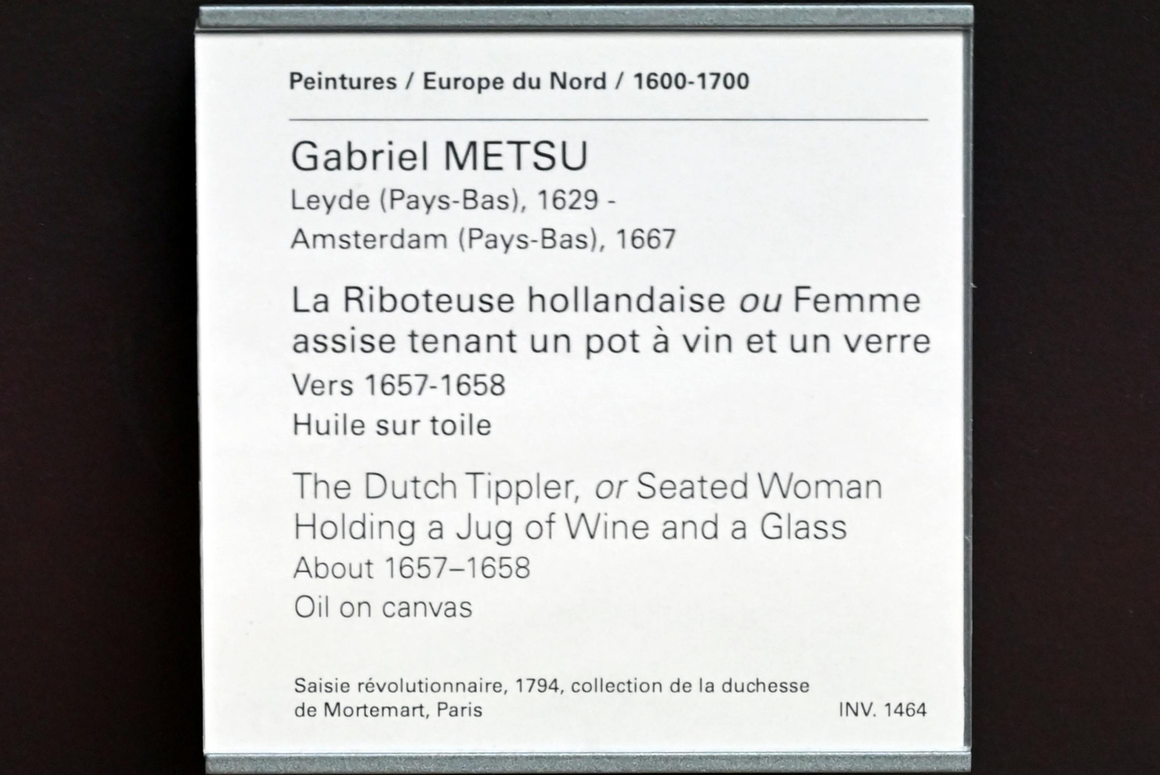 Gabriël Metsu (1653–1665), Holländische Trinkerin (Sitzende Frau mit Weinkrug und Glas), Paris, Musée du Louvre, Saal 837, um 1657–1658, Bild 2/2