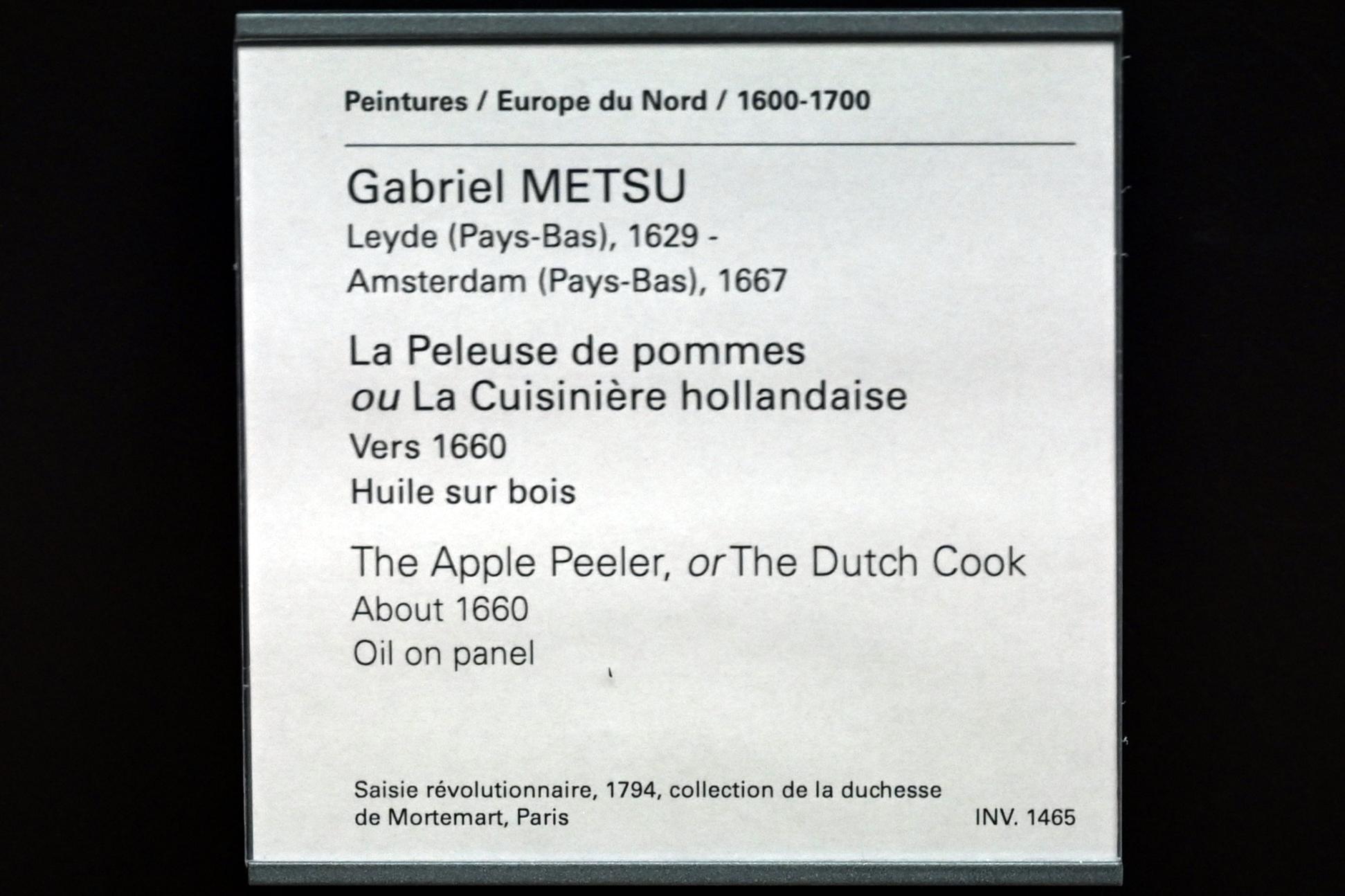 Gabriël Metsu (1653–1665), Apfelschälerin (Holländische Köchin), Paris, Musée du Louvre, Saal 837, um 1660, Bild 2/2