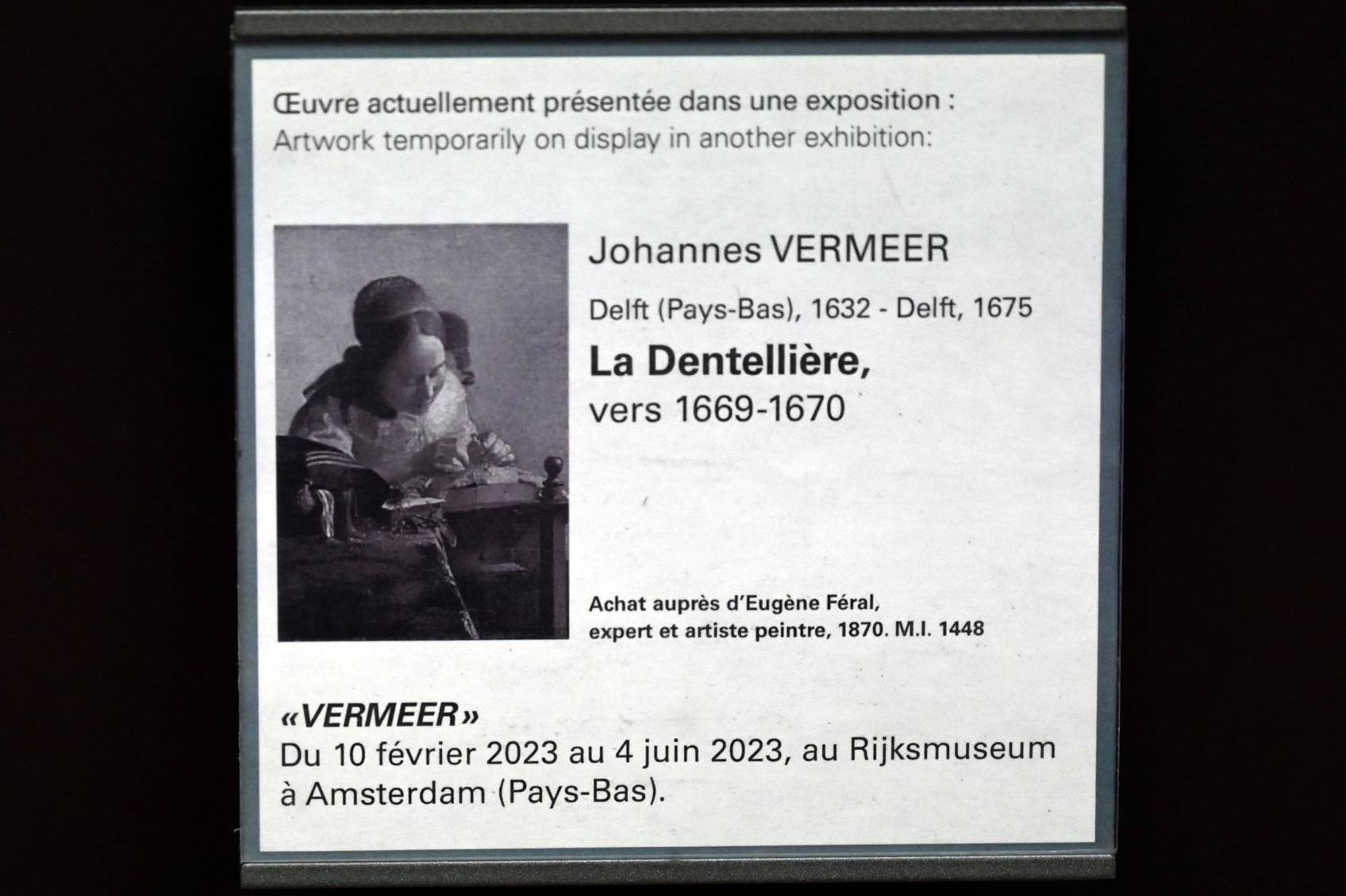 Jan Vermeer (Johannes Vermeer) (1654–1672), Spitzenklöpplerin, Paris, Musée du Louvre, Saal 837, um 1669–1670