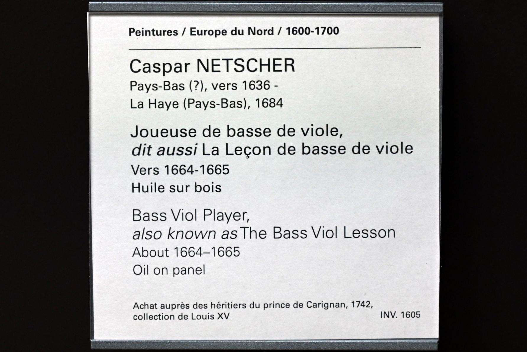 Caspar Netscher (1664–1684), Bassgambenspielerin (Bassgambenunterricht), Paris, Musée du Louvre, Saal 837, um 1664–1665, Bild 2/2
