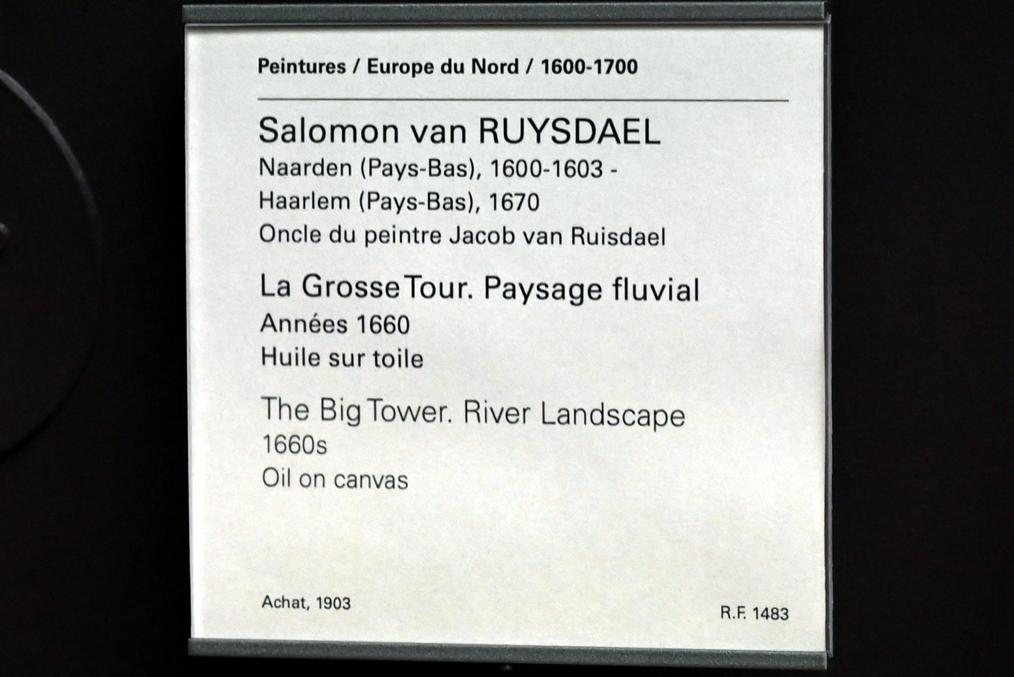 Salomon van Ruysdael (1631–1665), Großer Turm in einer Flusslandschaft, Paris, Musée du Louvre, Saal 837, um 1660–1670, Bild 2/2