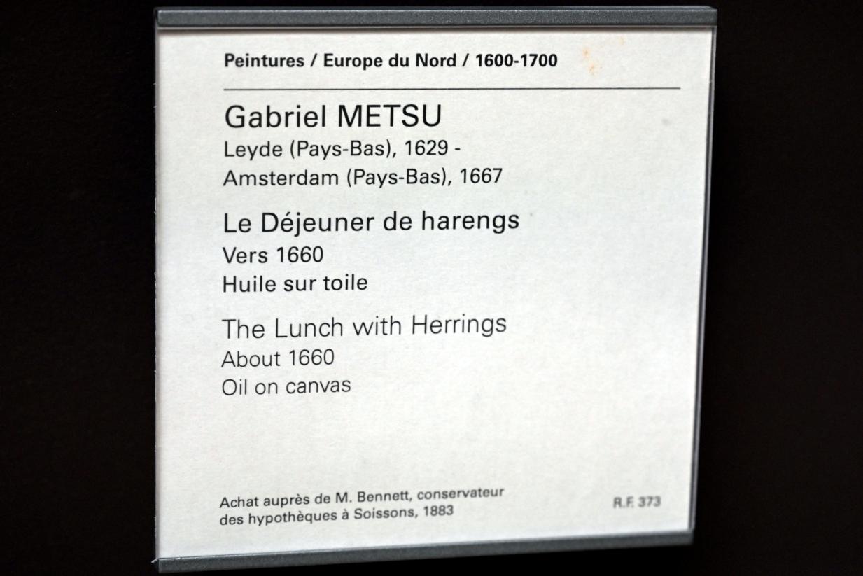 Gabriël Metsu (1653–1665), Mittagessen mit Hering, Paris, Musée du Louvre, Saal 837, um 1660, Bild 2/2