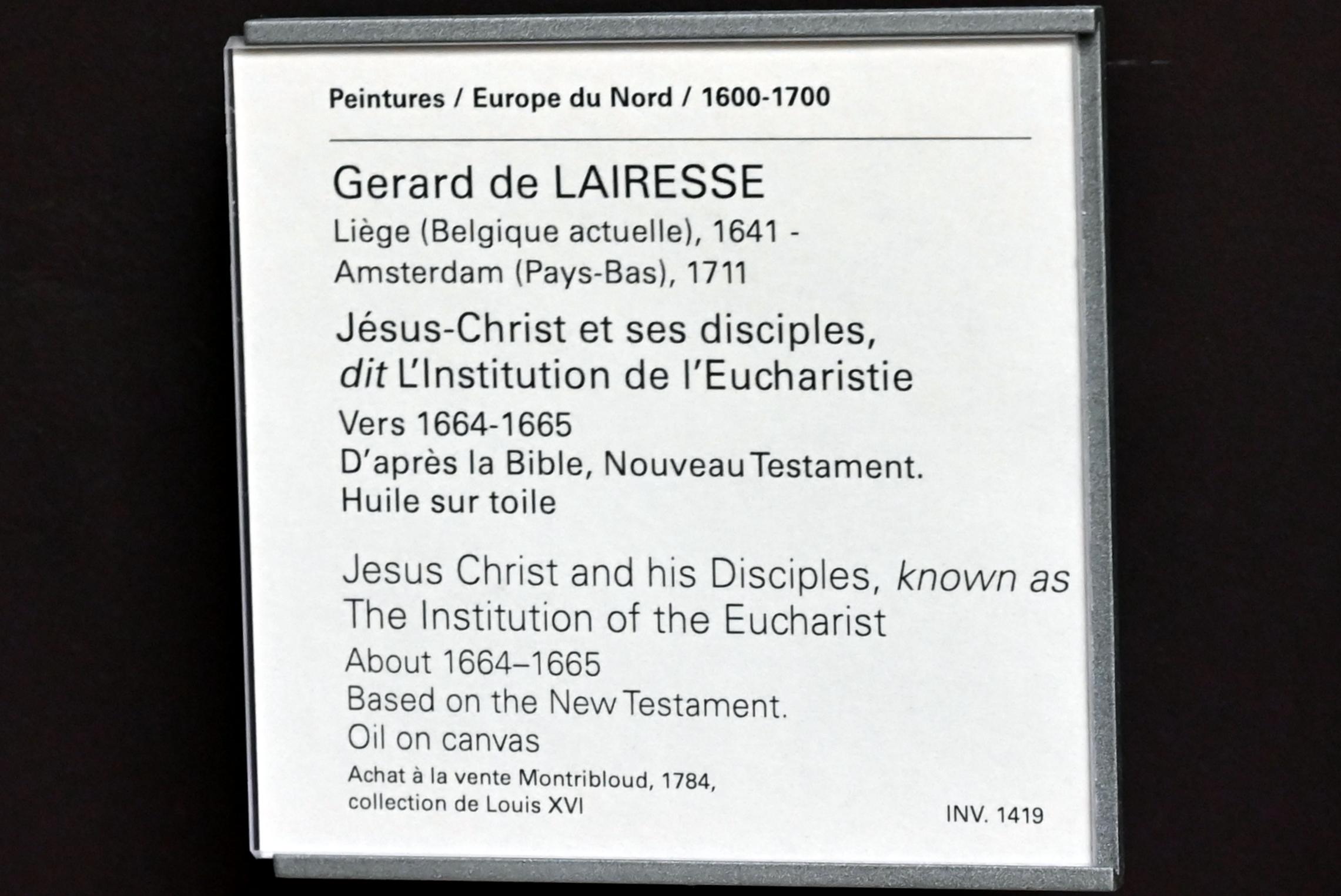 Gerard de Lairesse (1663–1685), Jesus Christus hält mit seinen Jüngern Abendmahl (Die Einsetzung der Eucharistie), Paris, Musée du Louvre, Saal 837, um 1664–1665, Bild 2/2