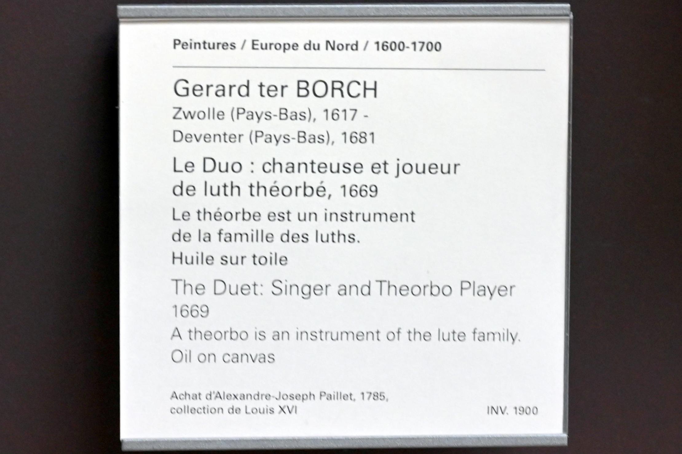 Gerard ter Borch (1635–1675), Sängerin und Theorbespieler im Duett, Paris, Musée du Louvre, Saal 837, 1669, Bild 2/2