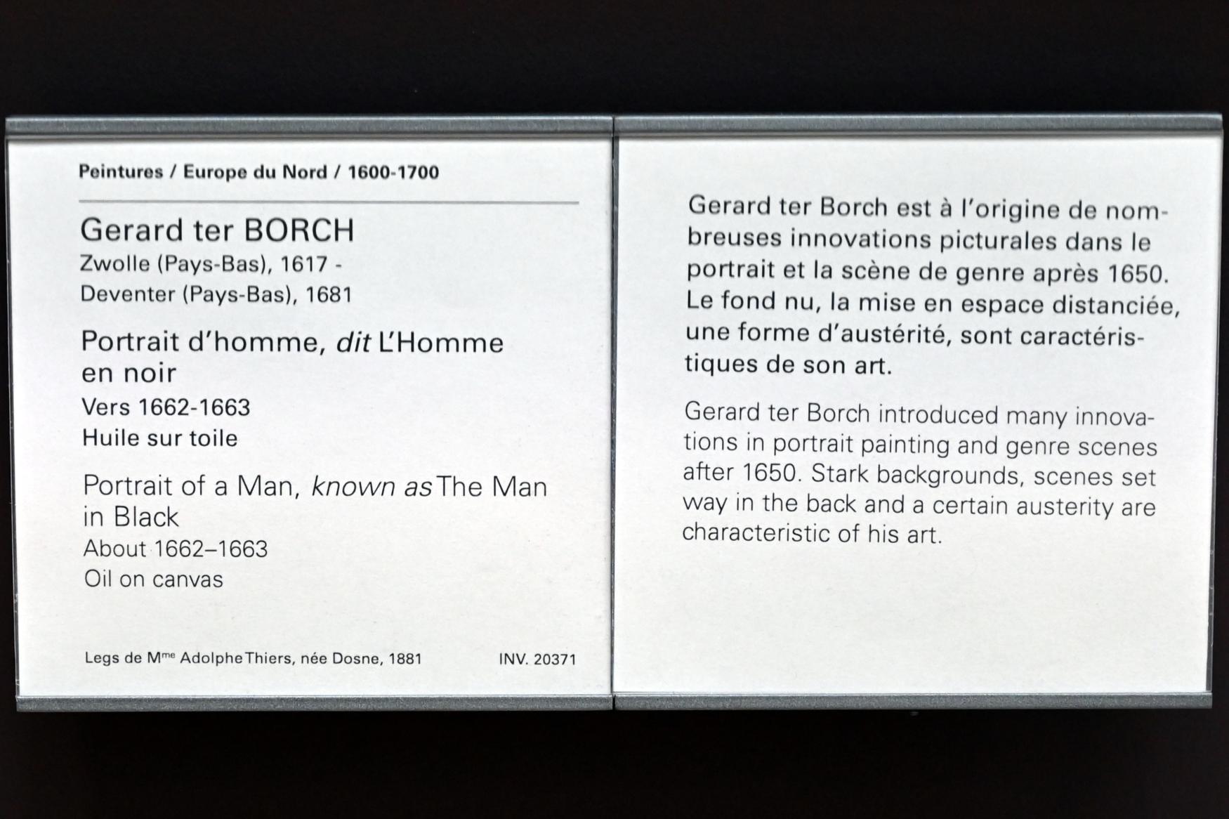 Gerard ter Borch (1635–1675), Ganzkörperporträt eines Mannes mit Hut (Mann in Schwarz), Paris, Musée du Louvre, Saal 837, um 1662–1663, Bild 2/2