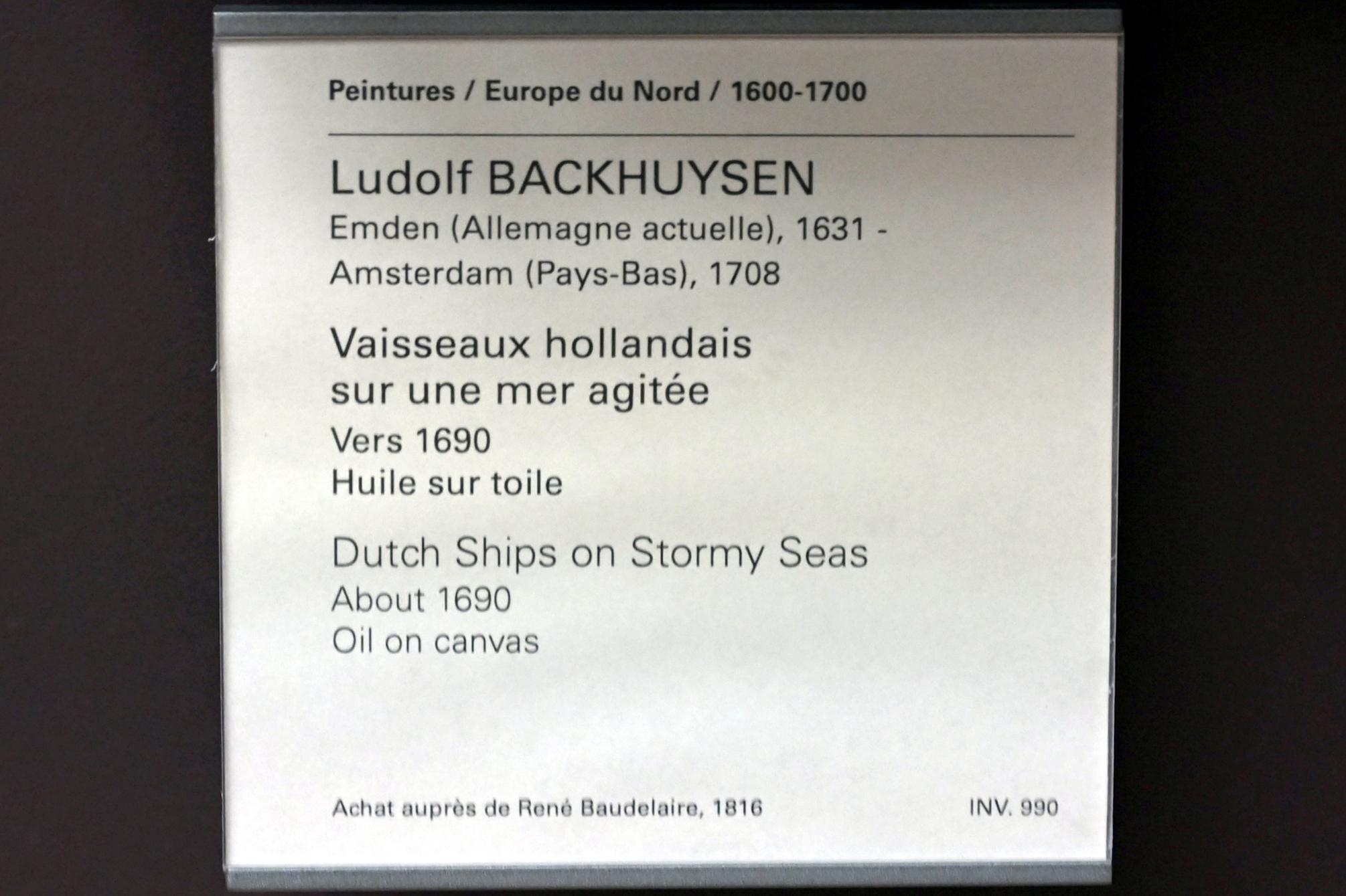 Ludolf Bakhuizen (Backhuysen) (1661–1700), Holländische Schiffe auf rauer See, Paris, Musée du Louvre, Saal 836, um 1690, Bild 2/2
