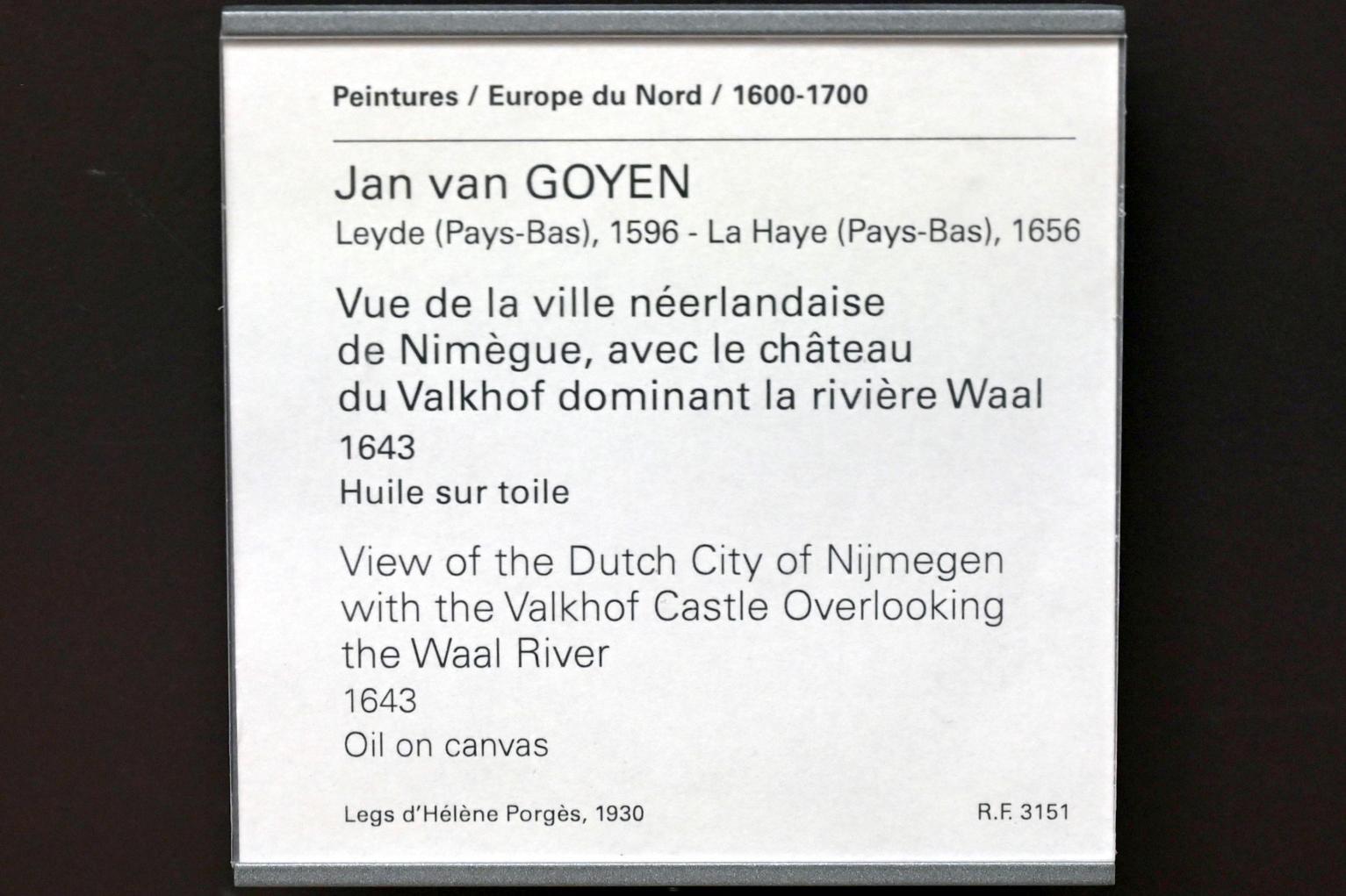 Jan van Goyen (1621–1657), Blick auf die holländische Stadt Nijmegen mit dem Schloss Valkhof und Blick auf den Fluss Waal, Paris, Musée du Louvre, Saal 836, 1643, Bild 2/2