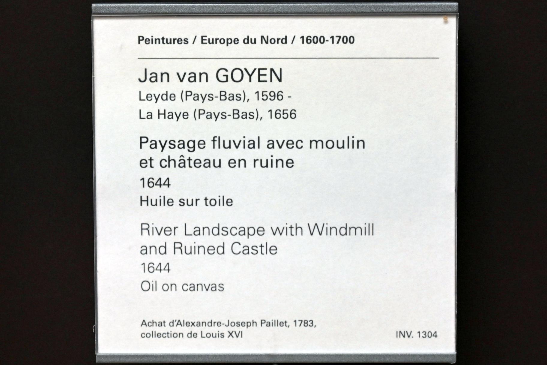 Jan van Goyen (1621–1657), Flusslandschaft mit Mühle und Burgruine, Paris, Musée du Louvre, Saal 836, 1644, Bild 2/2