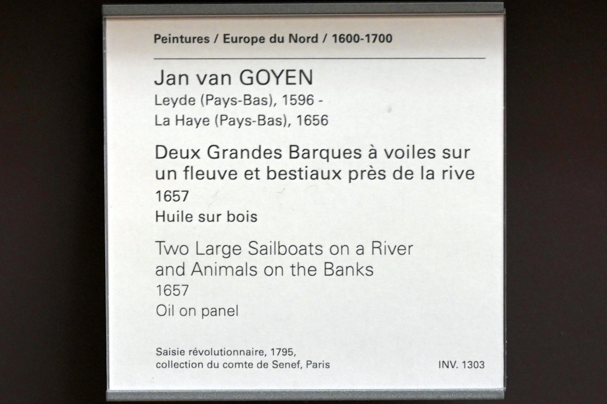 Jan van Goyen (1621–1657), Zwei große Segelboote auf einem Fluss und Rinder in Ufernähe, Paris, Musée du Louvre, Saal 836, 1657, Bild 2/2