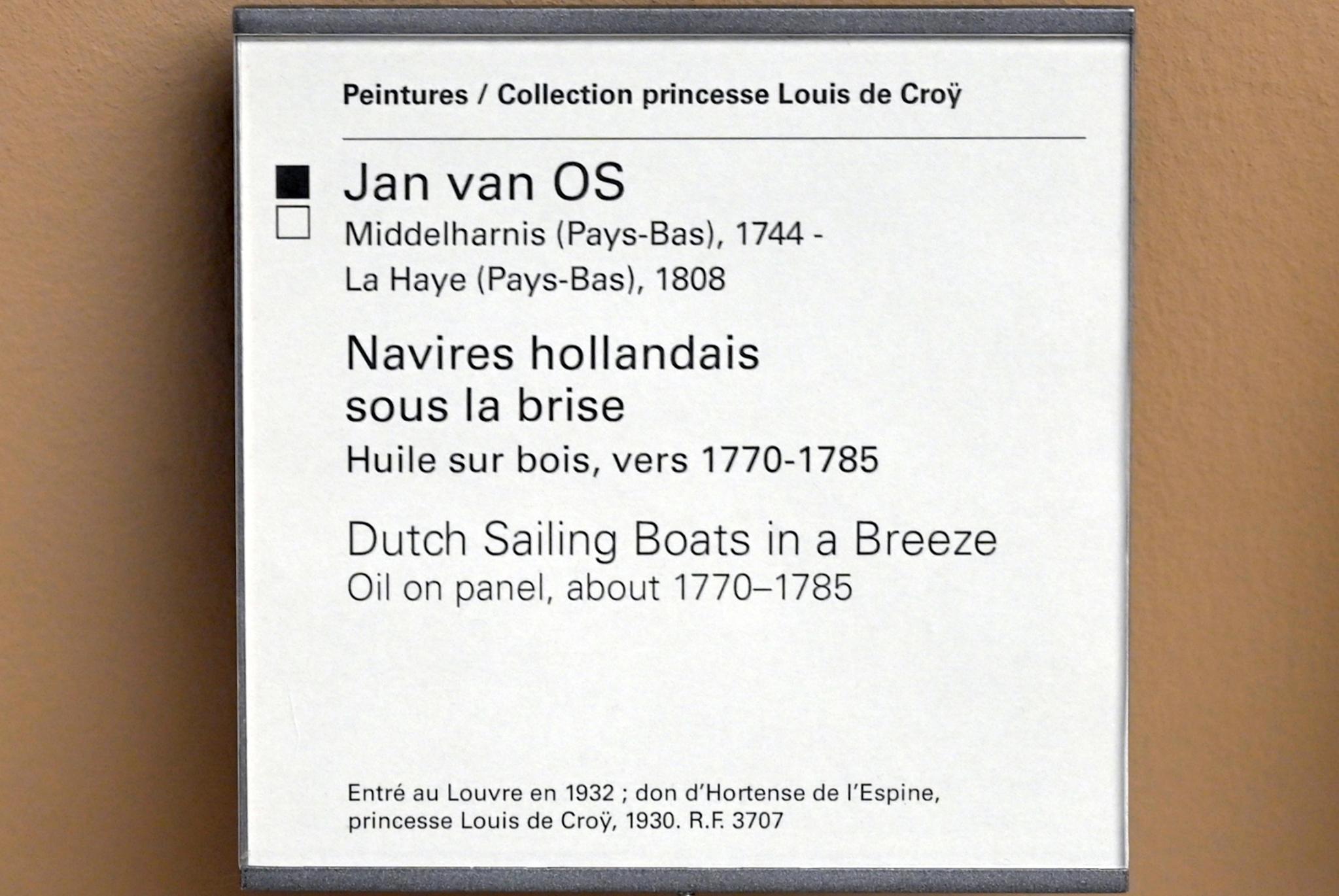 Jan van Os (1777), Holländische Segelboote bei leichter Brise, Paris, Musée du Louvre, Saal 902, um 1770–1785, Bild 2/2