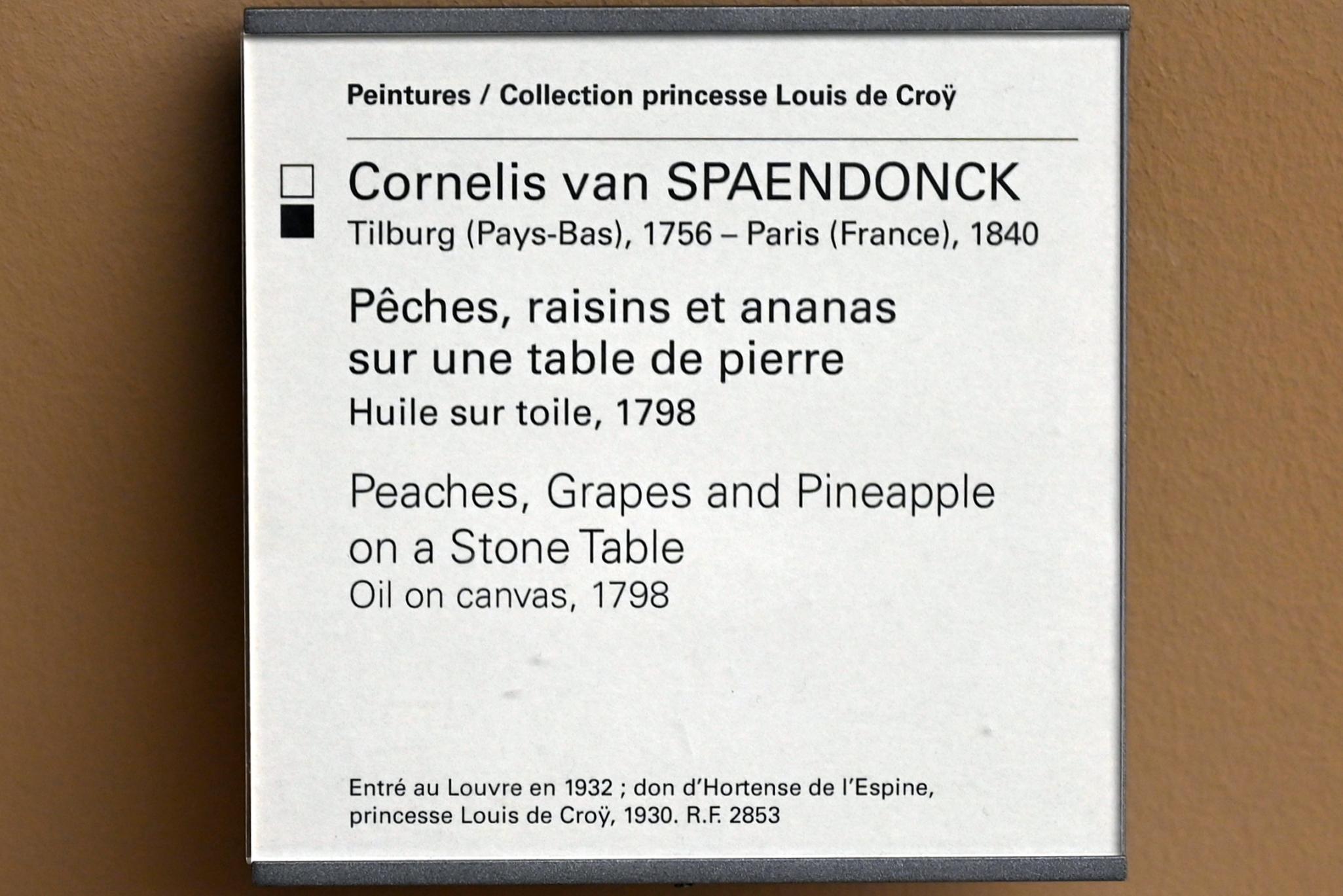 Cornelis van Spaendonck (1798), Pfirsiche, Weintrauben und Ananas auf einem Steintisch, Paris, Musée du Louvre, Saal 902, 1798, Bild 2/2
