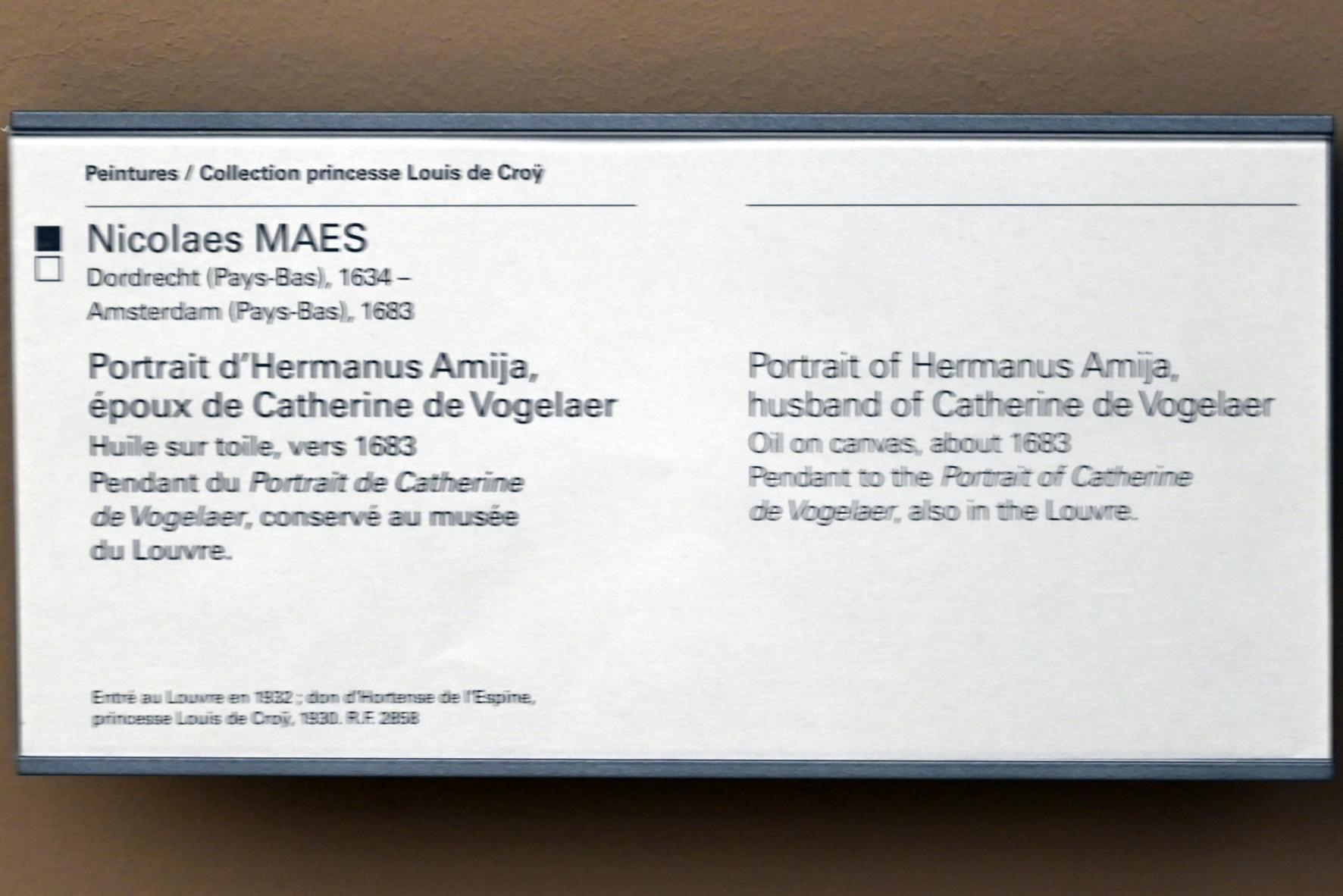 Nicolaes Maes (1652–1687), Porträt des Hermanus Amija, Ehemann von Catherine de Vogelaar, Paris, Musée du Louvre, Saal 902, um 1683, Bild 2/2