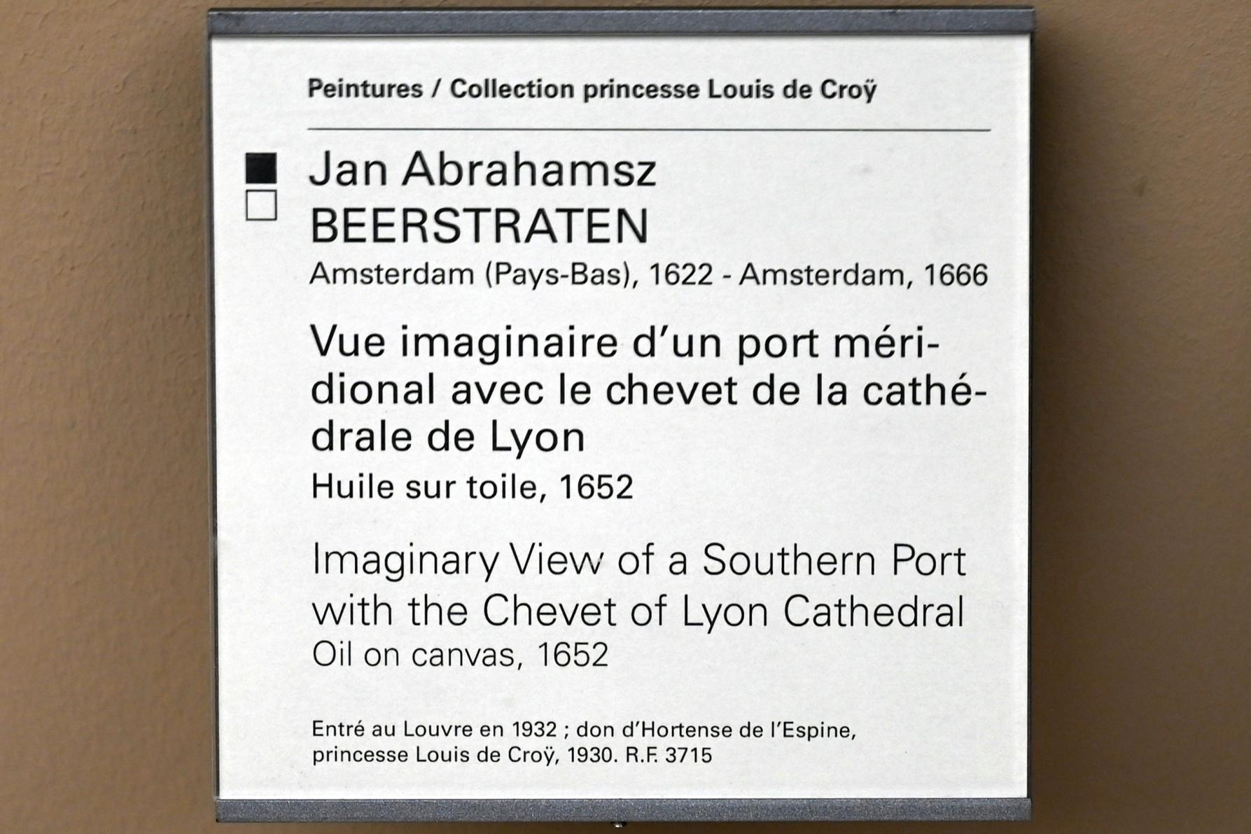 Jan Abrahamszoon Beerstraten (1642–1665), Imaginäre Ansicht eines südlichen Hafens mit der Apsis der Kathedrale von Lyon, Paris, Musée du Louvre, Saal 902, 1652, Bild 2/2