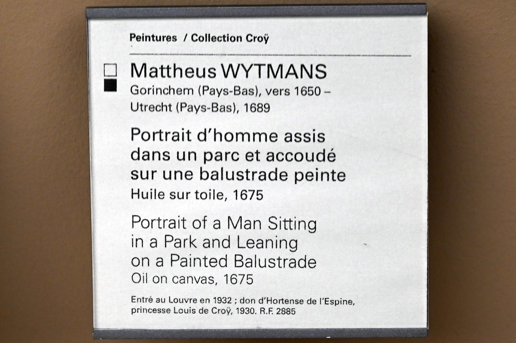 Mattheus Wytmans (1675), Porträt eines in einem Park sitzenden sich an eine bemalte Balustrade lehnenden Mannes, Paris, Musée du Louvre, Saal 902, 1675, Bild 2/2