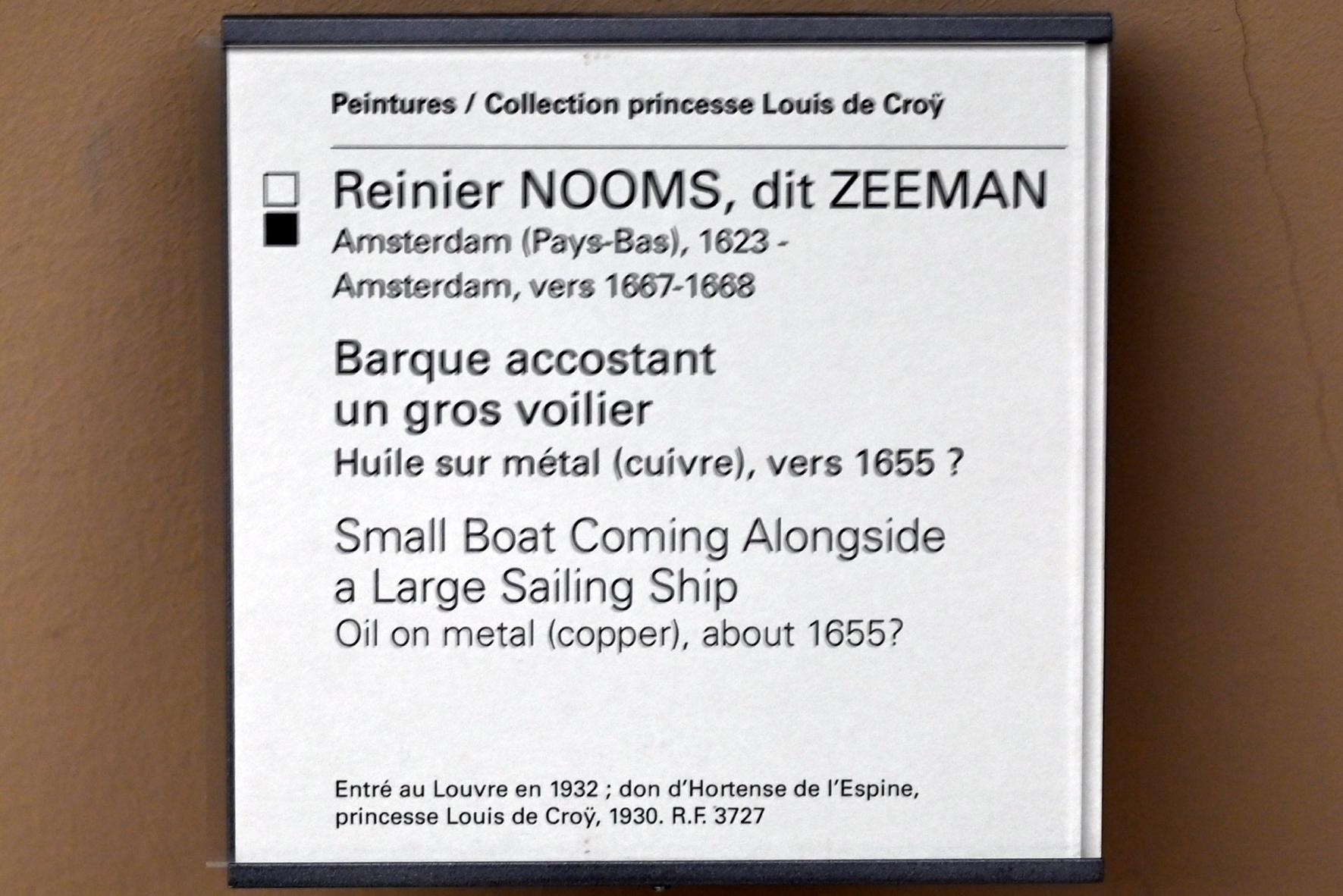 Reinier Zeeman (1655), Kleines Boot dockt an ein großes Segelboot an, Paris, Musée du Louvre, Saal 902, um 1655, Bild 2/2