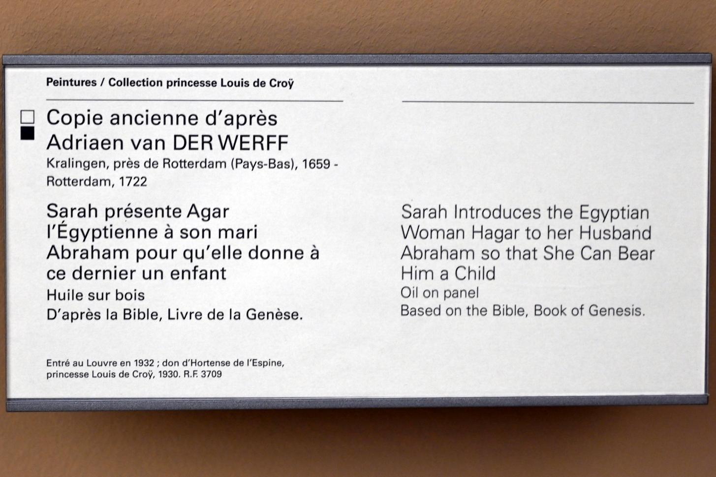 Adriaen van der Werff (Kopie) (Undatiert), Sarah stellt Abraham die Ägypterin Hagar vor, um ihm ein Kind zu schenken, Paris, Musée du Louvre, Saal 902, Undatiert, Bild 2/2