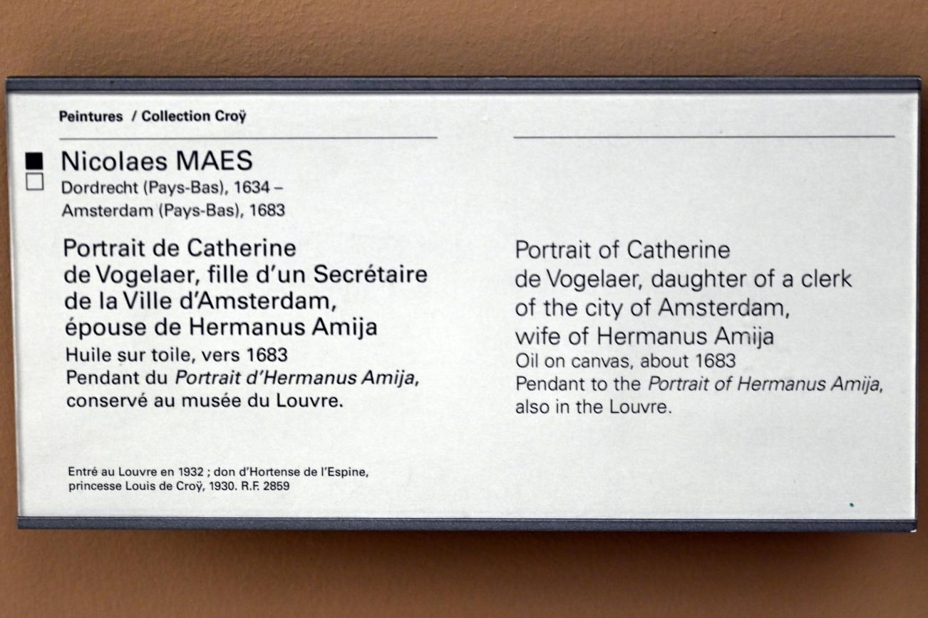 Nicolaes Maes (1652–1687), Porträt von Catherine de Vogelaar, Ehefrau von Hermanus Amija, Tochter eines Sekretärs der Stadt Amsterdam, Paris, Musée du Louvre, Saal 902, um 1683, Bild 2/2