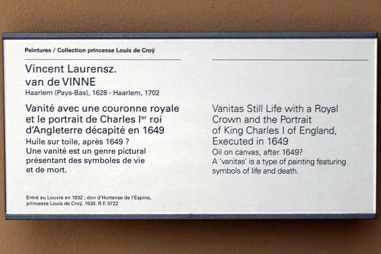 Vincent van der Vinne (1650), Vanitas mit Königskrone und dem Porträt Karls I. von England, Paris, Musée du Louvre, Saal 902, nach 1649, Bild 2/2