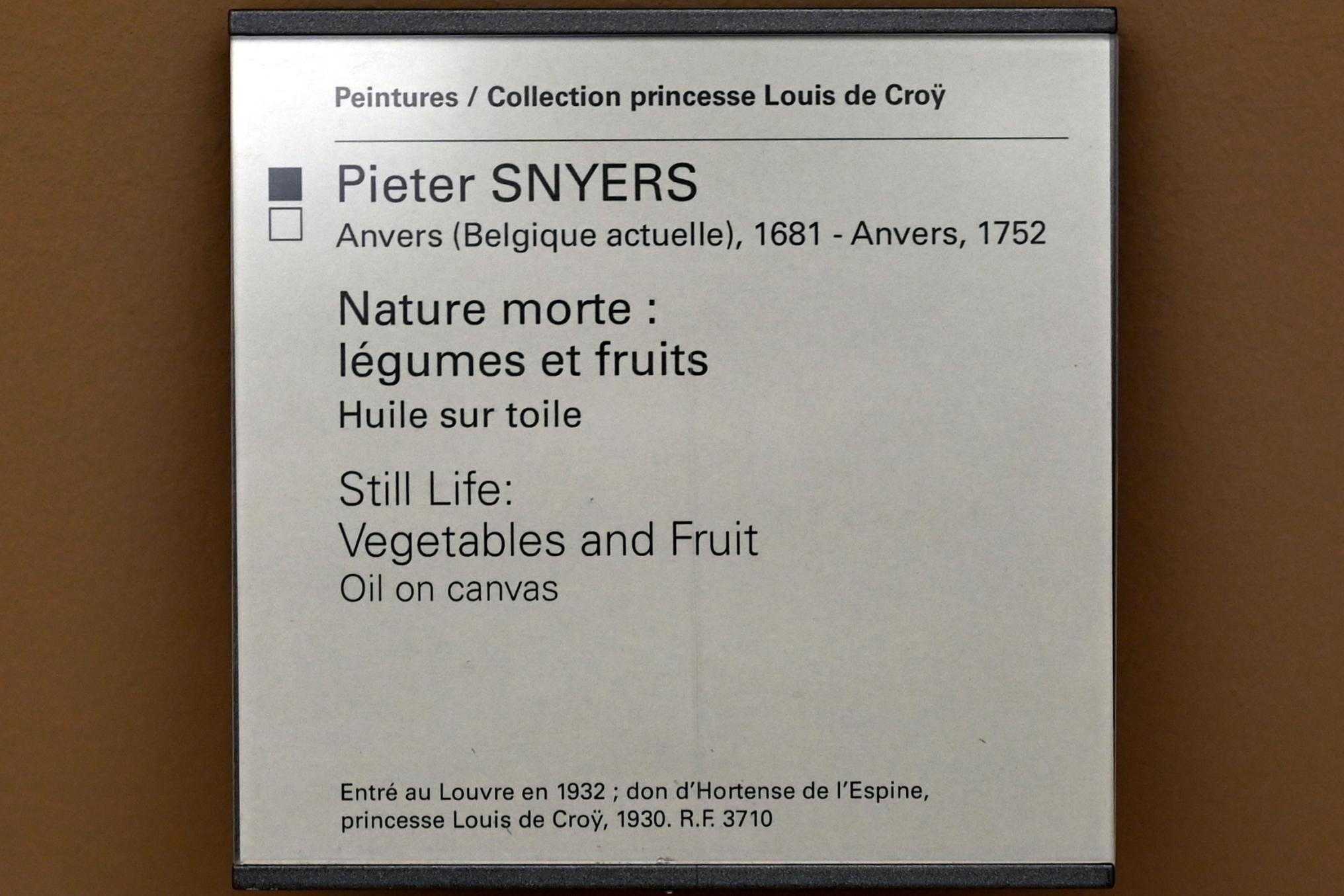 Pieter Snyers (1725), Stillleben mit Obst und Gemüse, Paris, Musée du Louvre, Saal 902, Undatiert, Bild 2/2