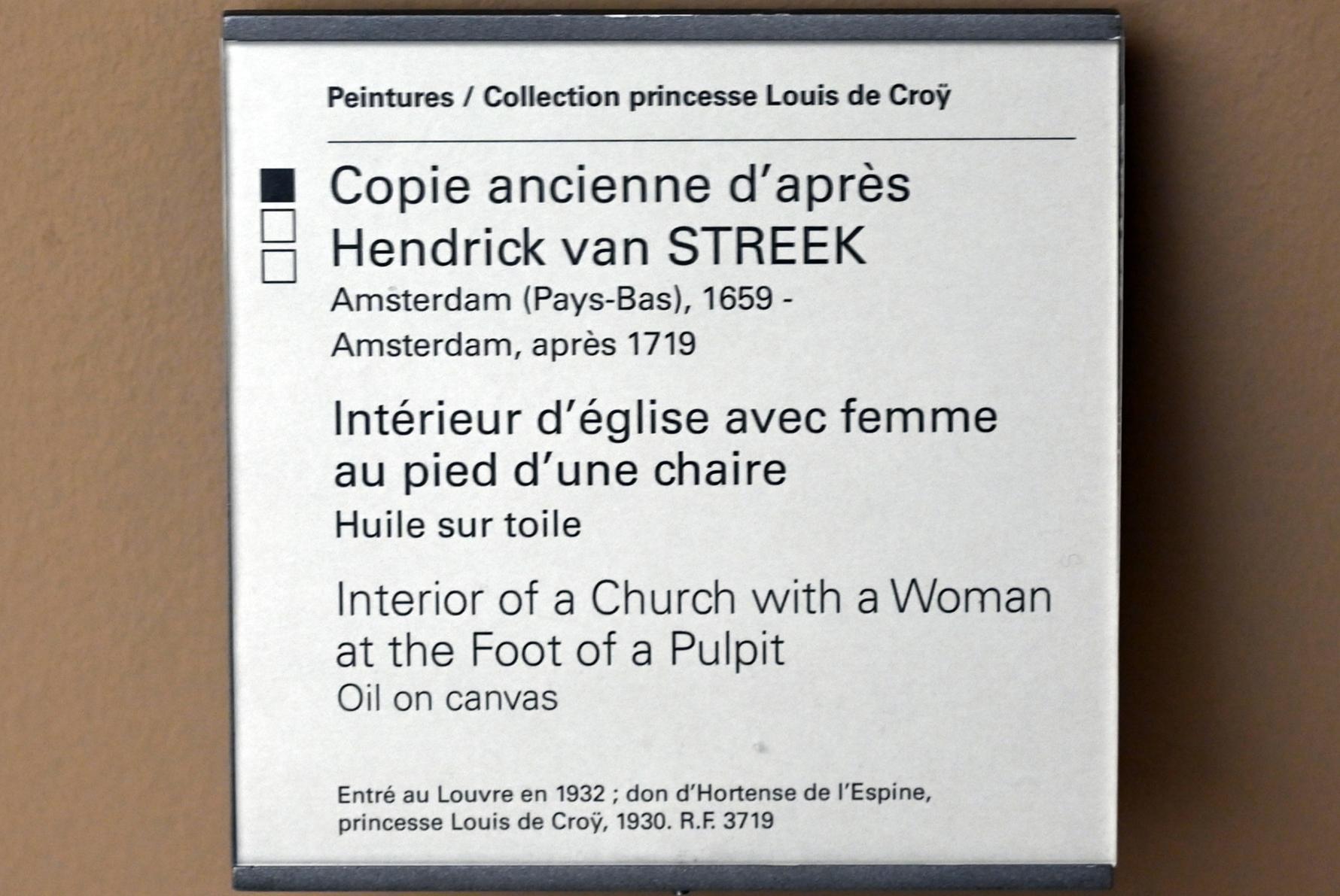 Hendrik van Streek (Kopie) (Undatiert), Kircheninnenraum mit Frau am Fuß einer Kanzel, Paris, Musée du Louvre, Saal 902, Undatiert, Bild 2/2