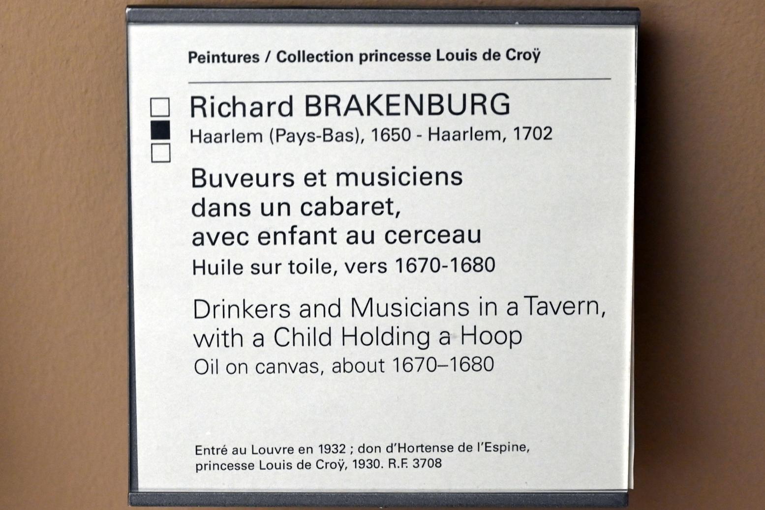 Richard Brakenburg (1675–1695), Trinker und Musiker in einer Schänke mit einem Reifen haltenden Kind, Paris, Musée du Louvre, Saal 902, um 1670–1680, Bild 2/2